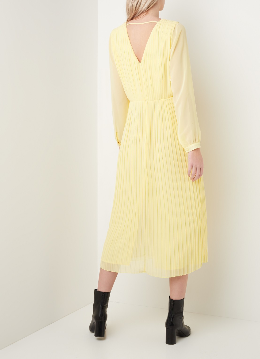 Warehouse Midi jurk met V-hals en plissé  - achterkant 4 geel