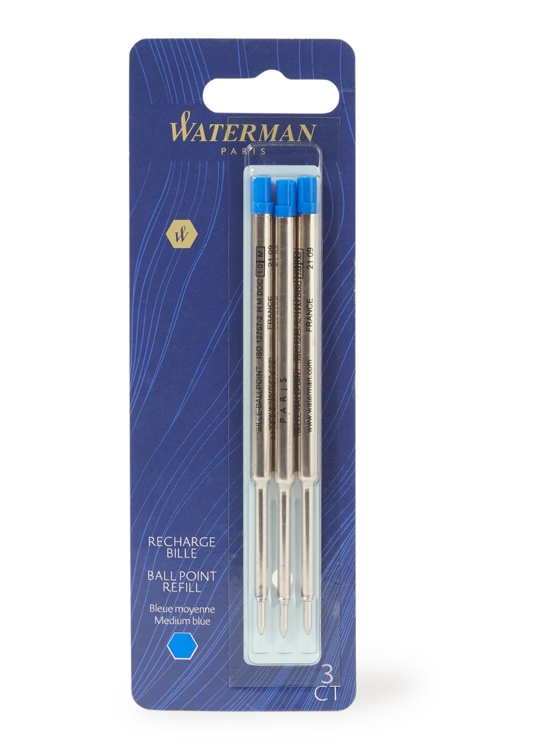 Waterman Balpen vulling medium blauw set van 3 - voorkant blauw