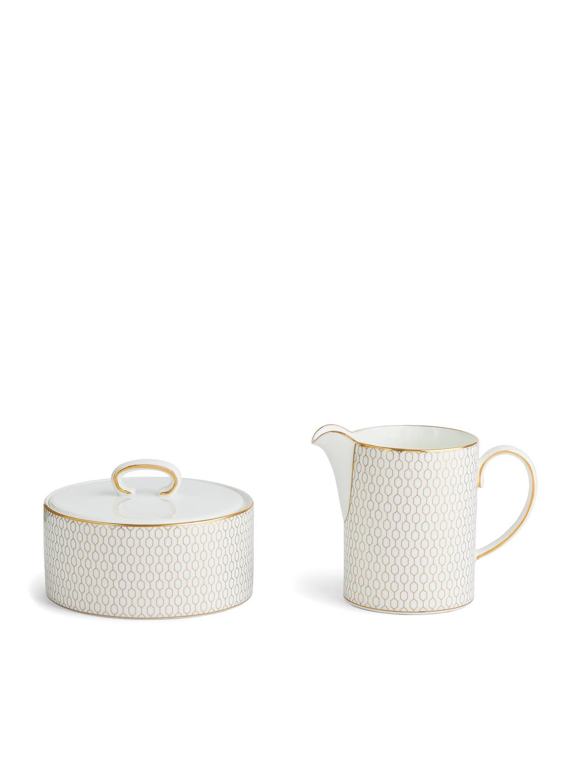 Wedgwood Gio Gold suikerpot en melkkan 2-delig - voorkant wit