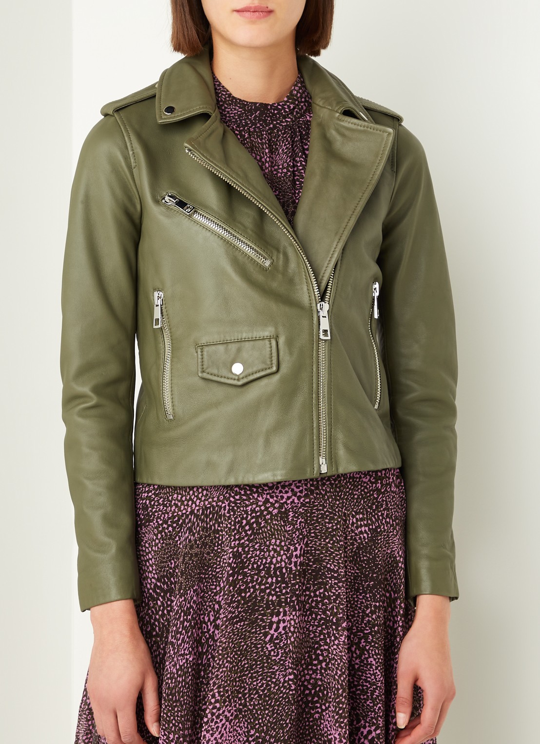 Whistles Agnes cropped bikerjack van schapenleer - detail 4 mosgroen
