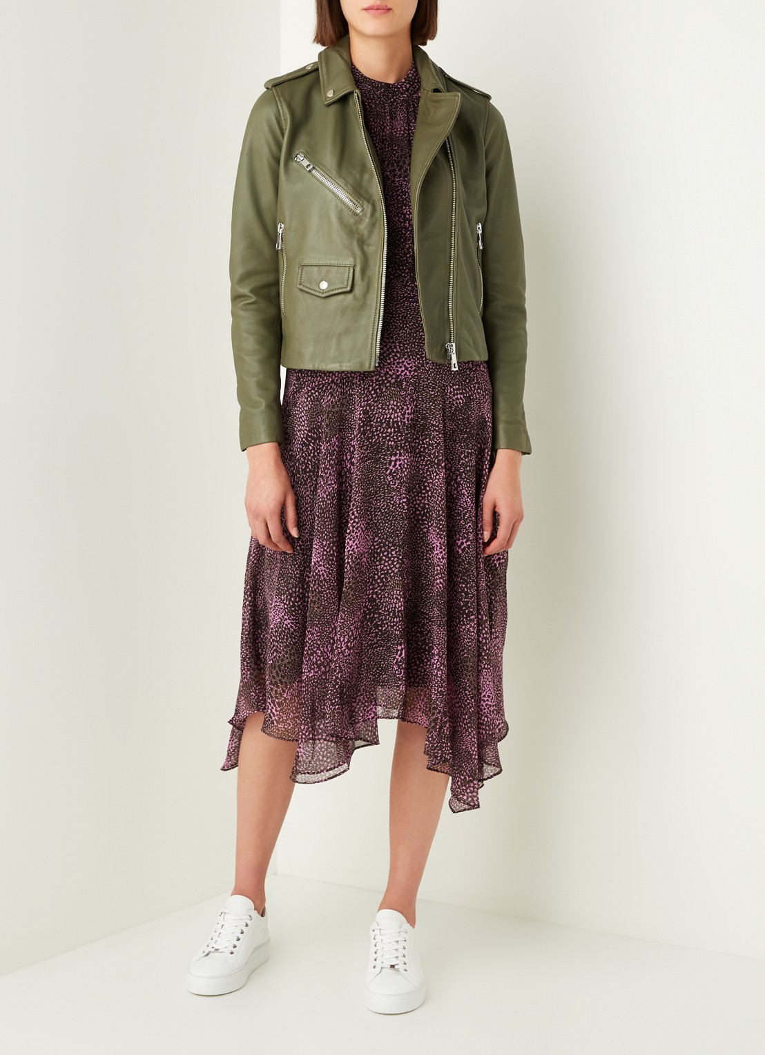 Whistles Agnes cropped bikerjack van schapenleer - voorkant 3 mosgroen