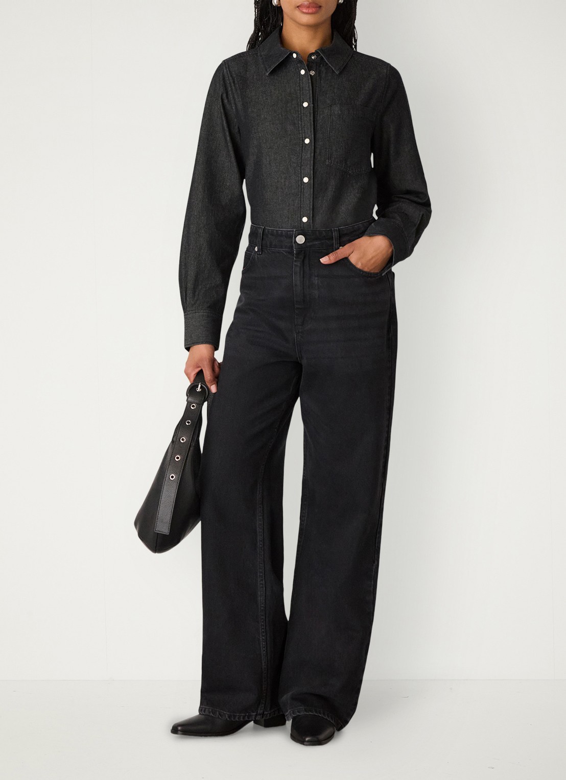 Whistles Blouse van denim met borstzak - voorkant 2 donkergrijs