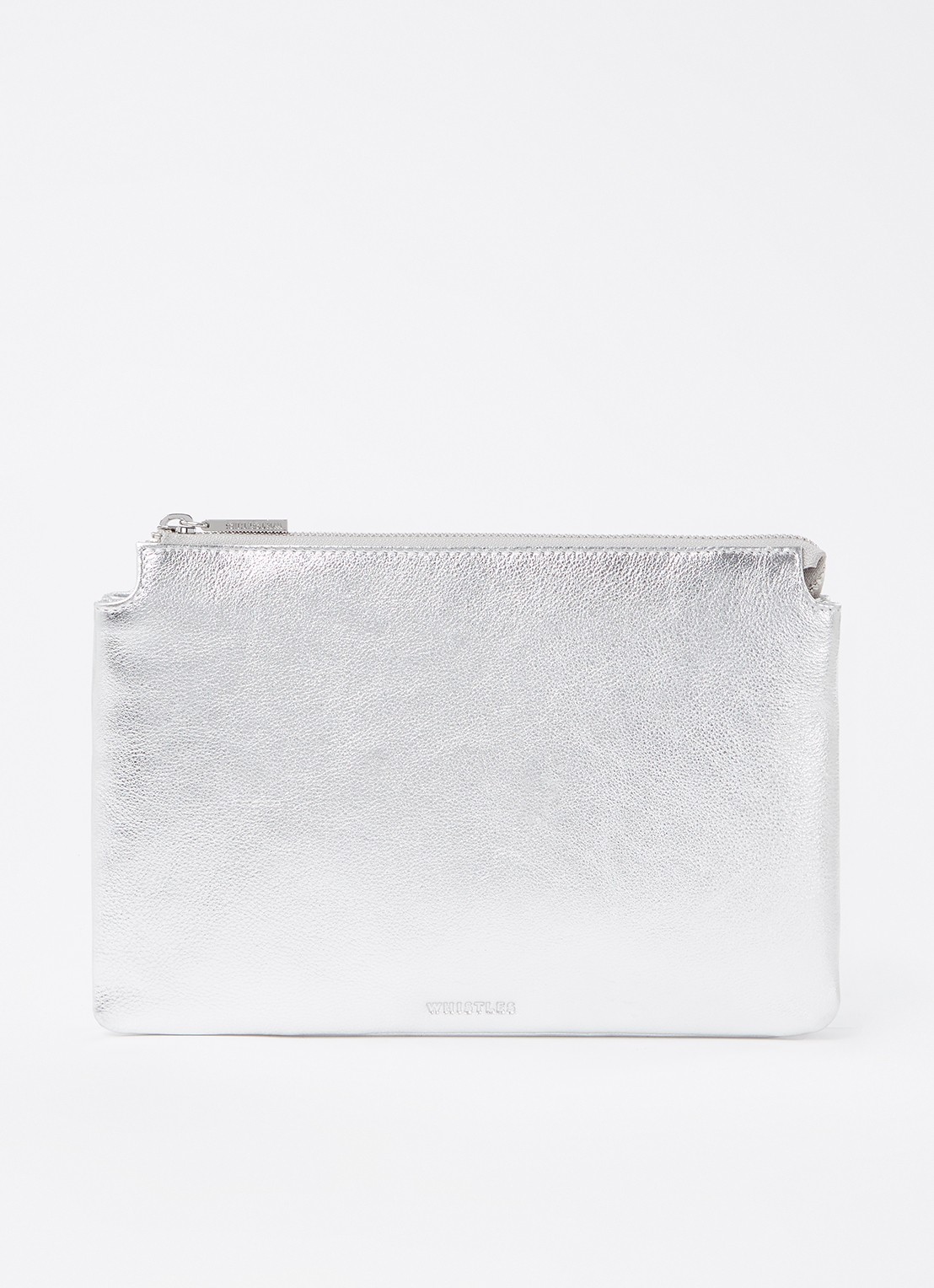 Whistles Clutch van leer met metallic finish  - voorkant zilver