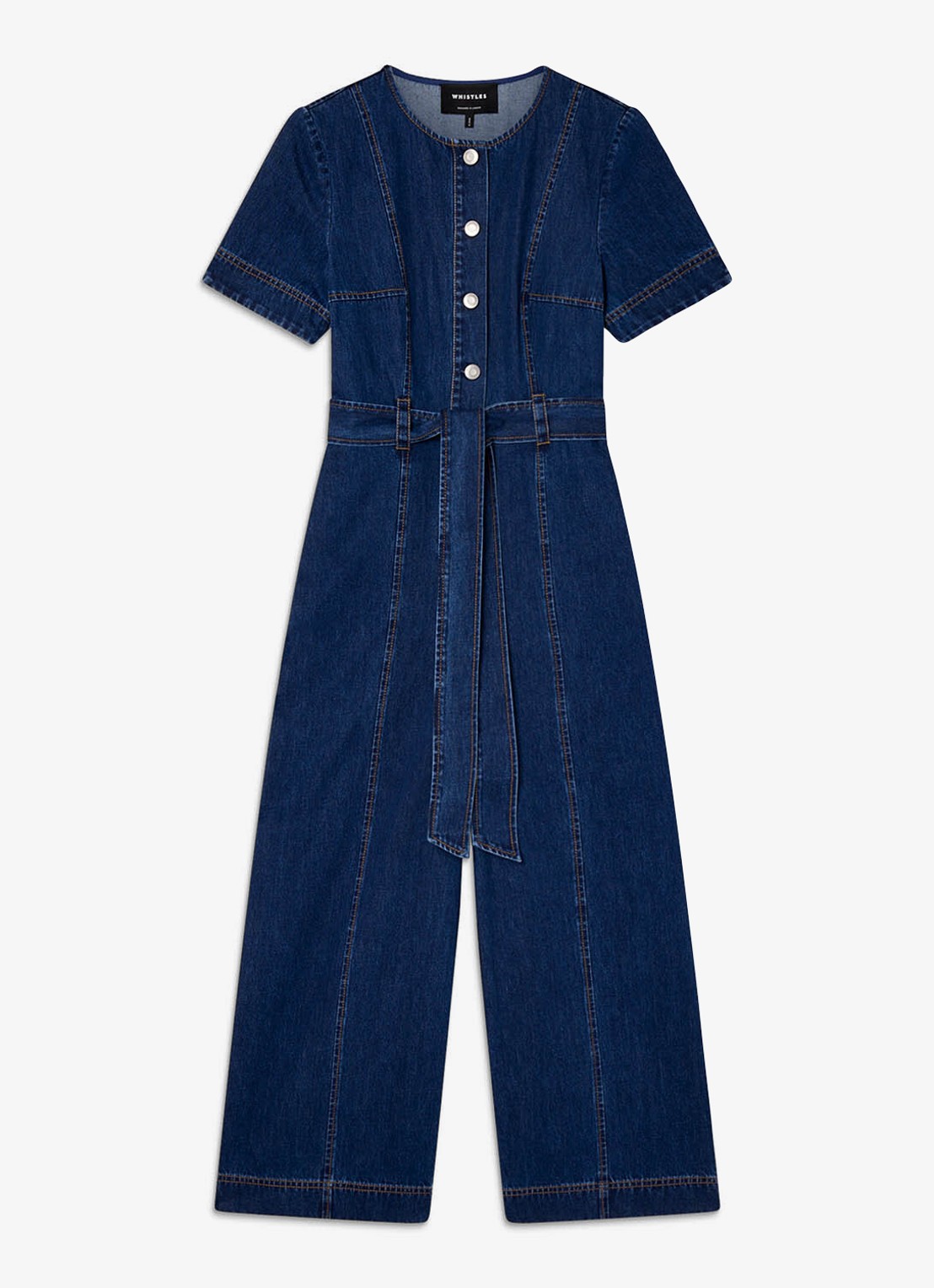 Whistles Cropped wide fit jumpsuit met strikceintuur - voorkant 4 indigo