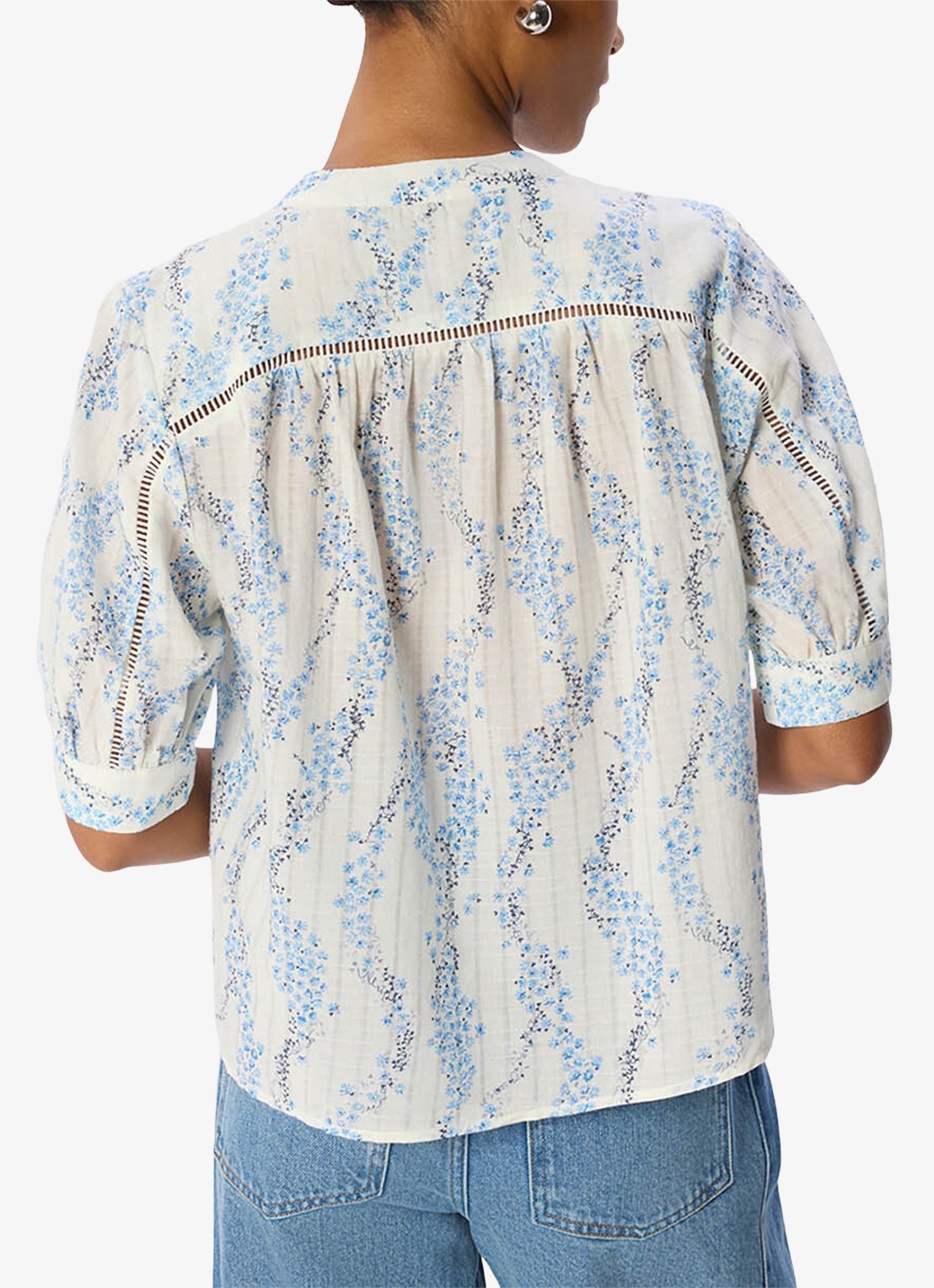 Whistles Ditsy Stem blouse met print en pofmouw - achterkant lichtblauw