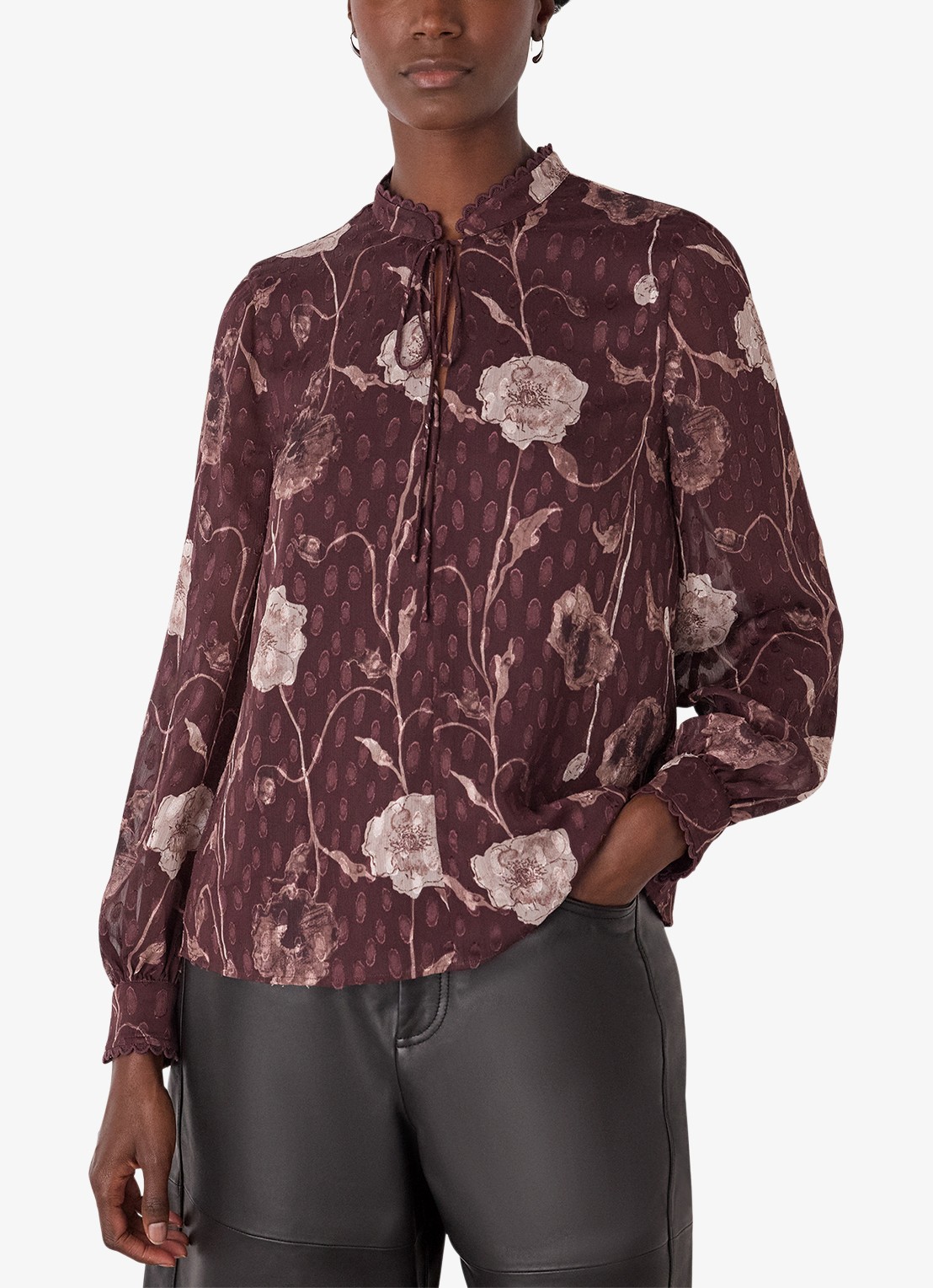 Whistles Dobby blouse met bloemenprint - detail 3 bordeauxrood