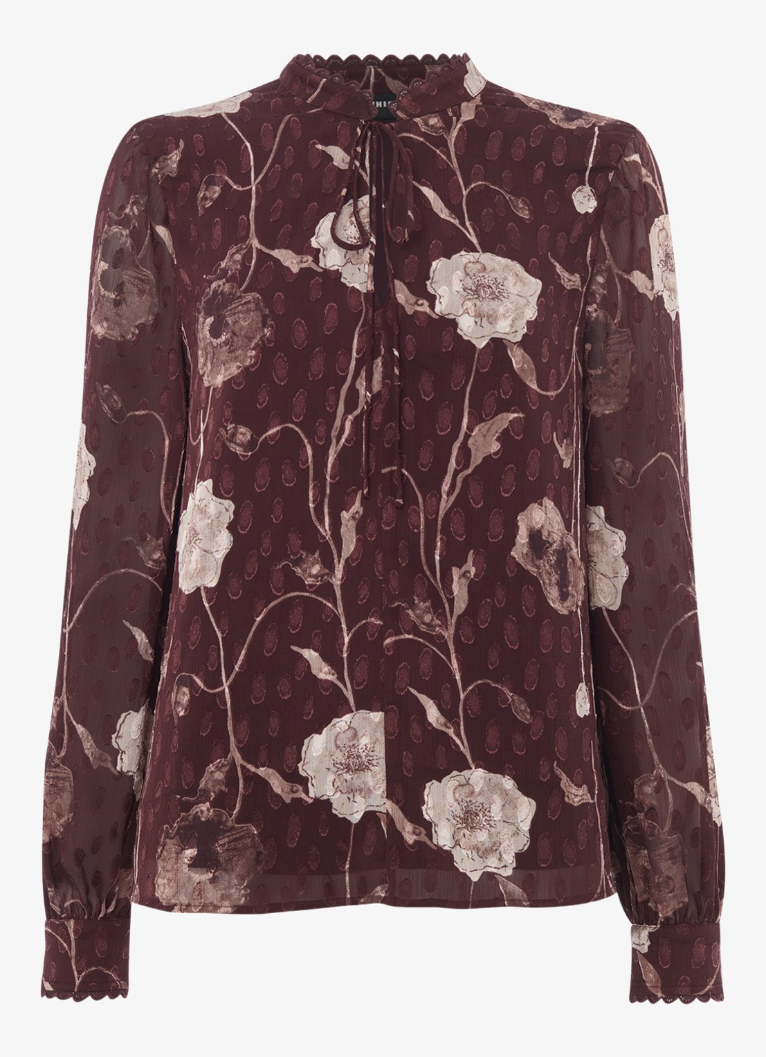 Whistles Dobby blouse met bloemenprint - voorkant bordeauxrood