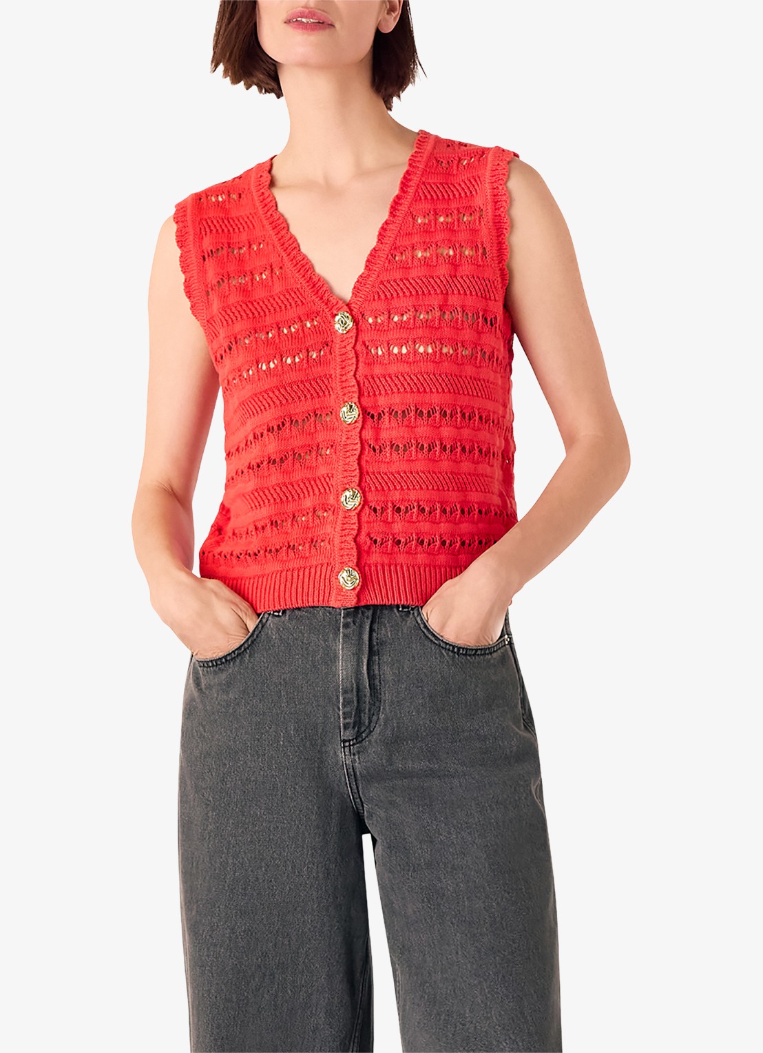 Whistles Fijngebreide top met opengewerkt dessin - detail 2 steenrood