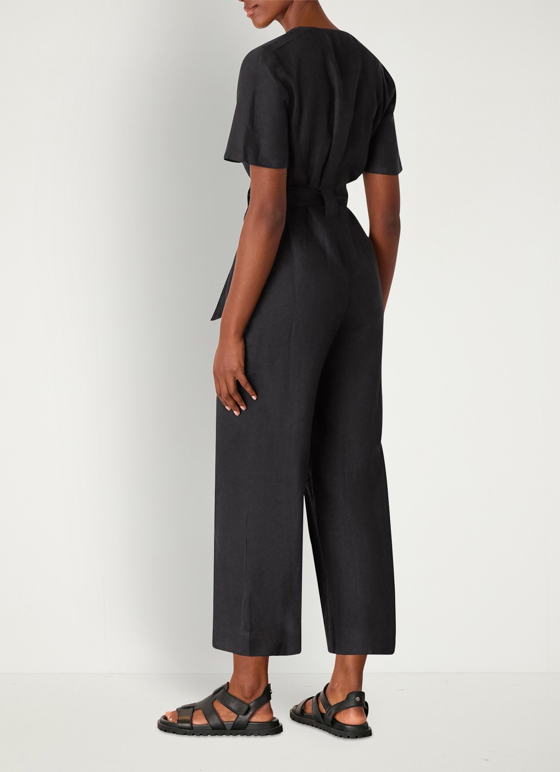 Whistles Fiona loose fit jumpsuit van linnen met strikceintuur - achterkant zwart