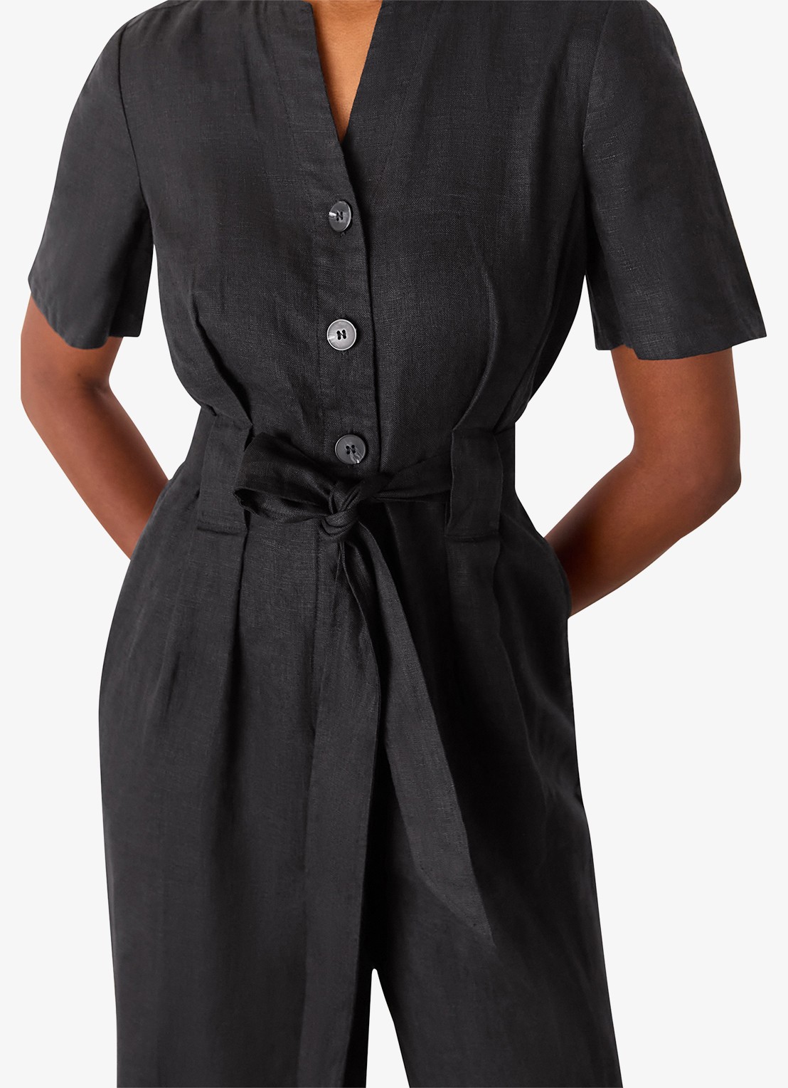 Whistles Fiona loose fit jumpsuit van linnen met strikceintuur - detail 2 zwart