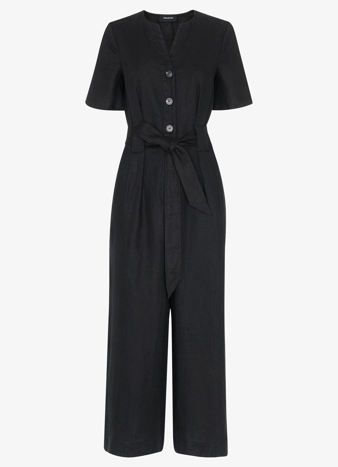 Whistles Fiona loose fit jumpsuit van linnen met strikceintuur - voorkant 3 zwart