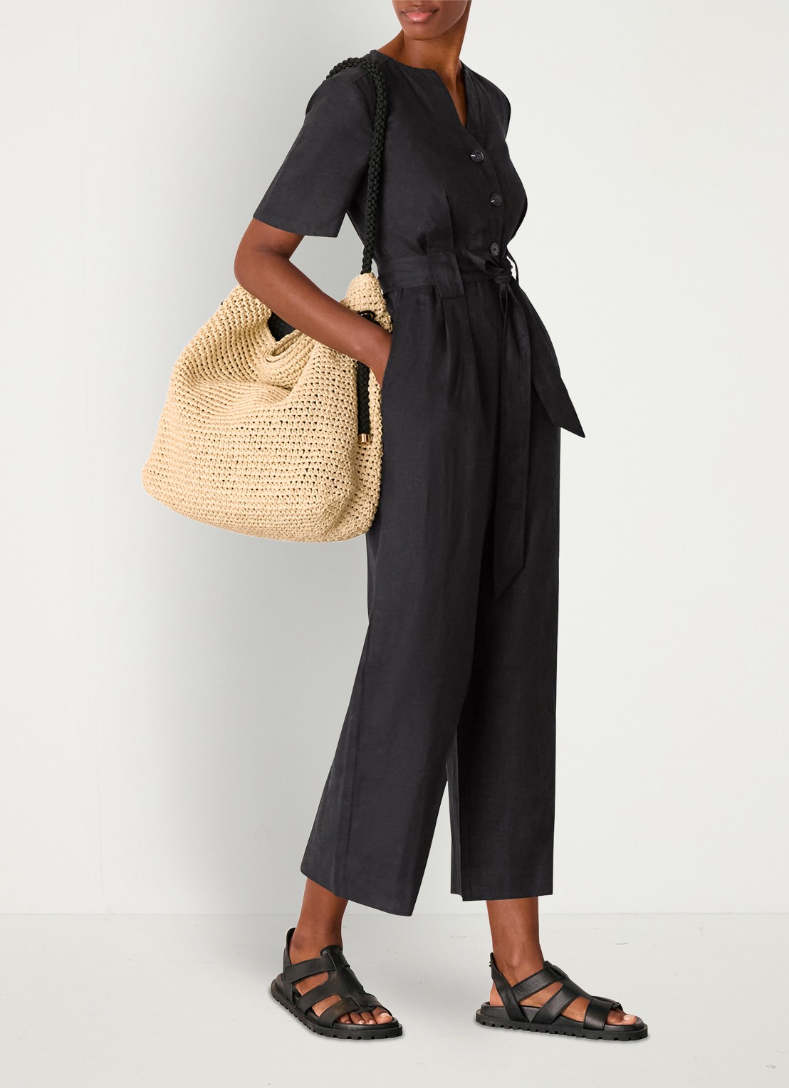 Whistles Fiona loose fit jumpsuit van linnen met strikceintuur - voorkant 4 zwart