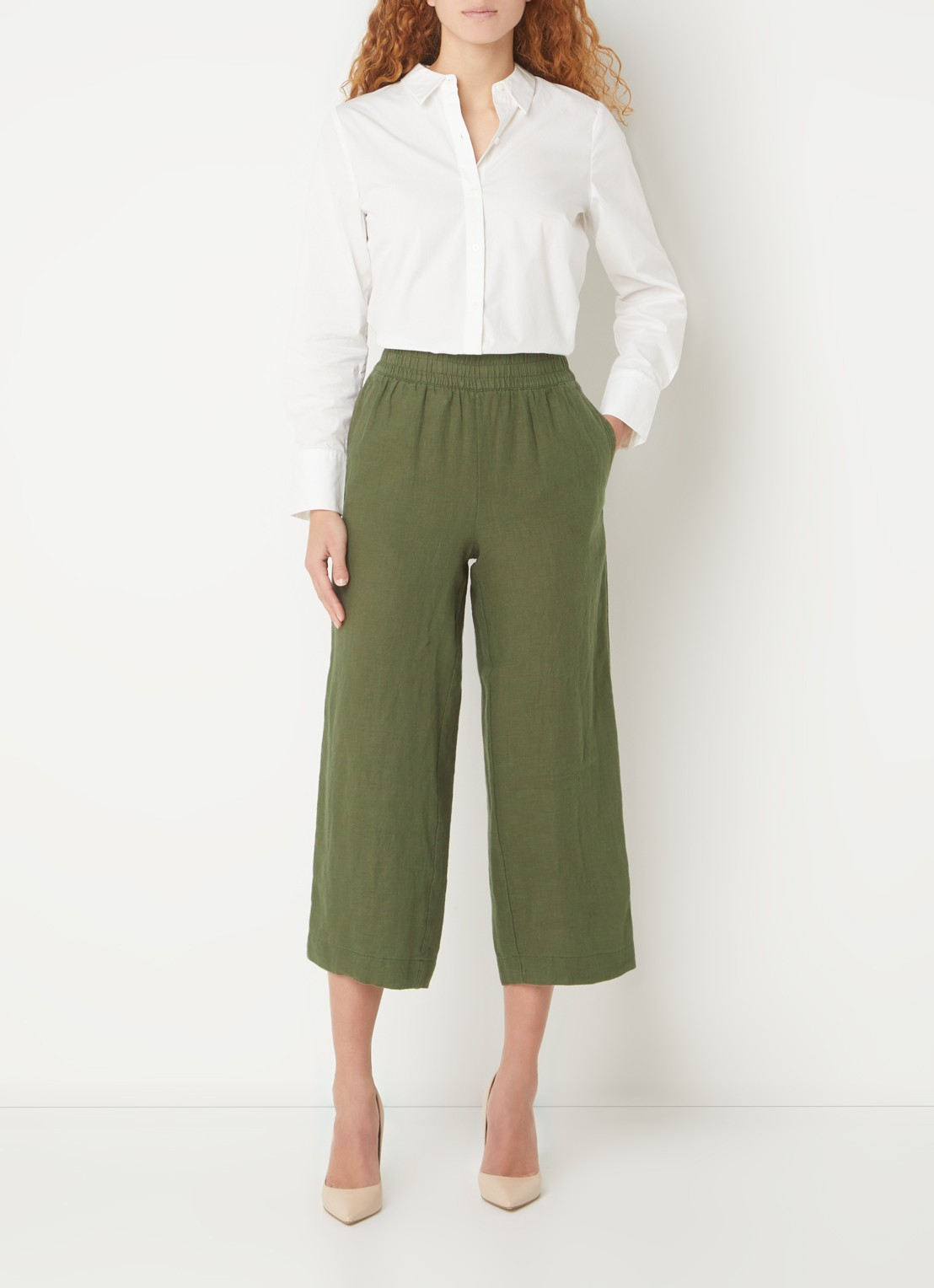 Whistles High waist loose fit culotte van linnen met steekzakken - voorkant 4 legergroen