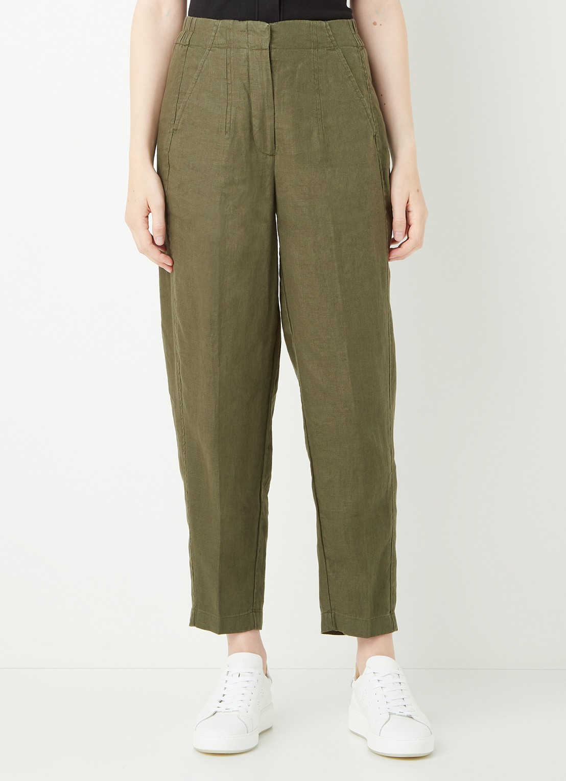 Whistles High waist tapered fit pantalon van linnen  - detail 4 legergroen