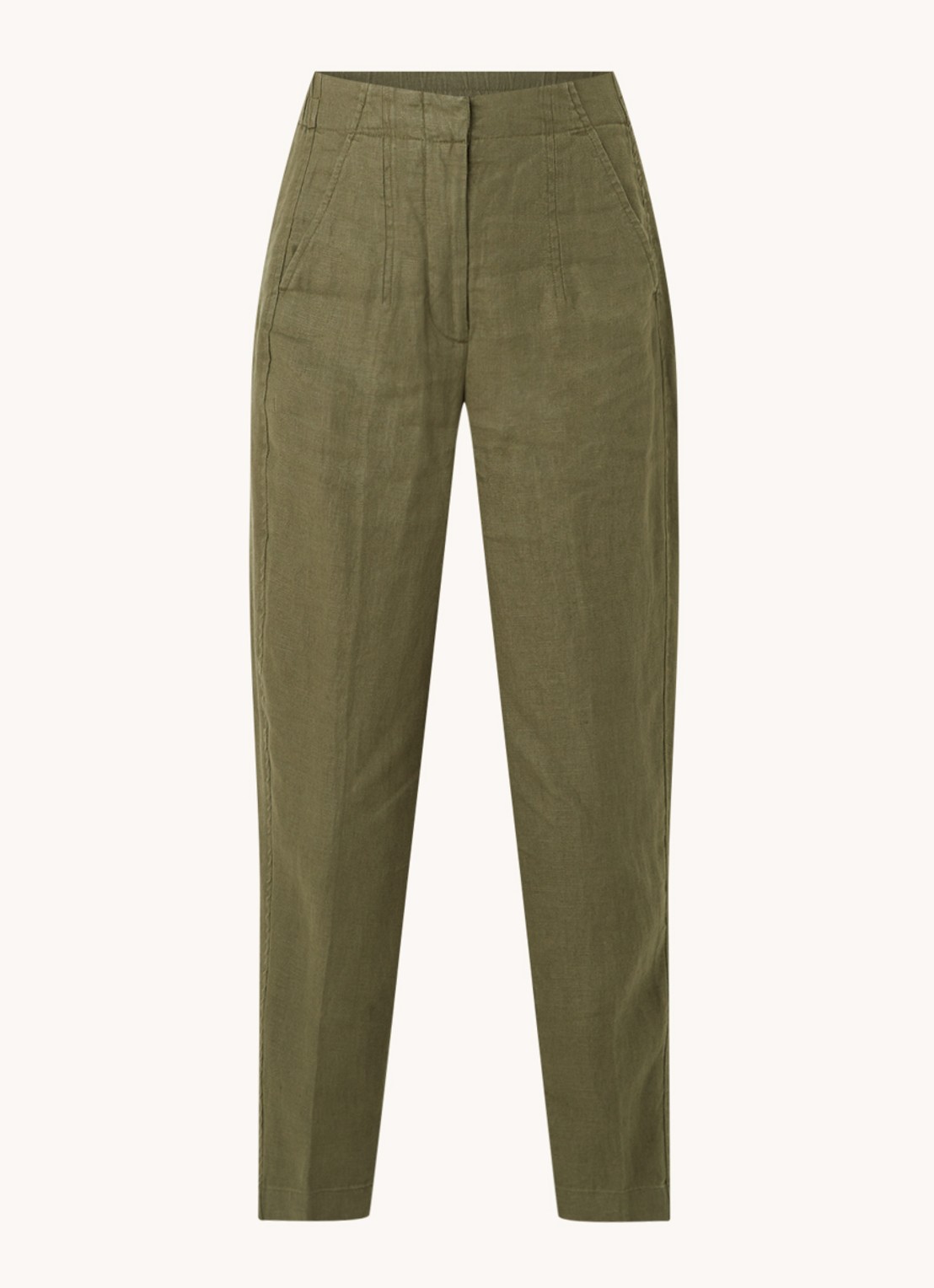 Whistles High waist tapered fit pantalon van linnen  - voorkant 2 legergroen