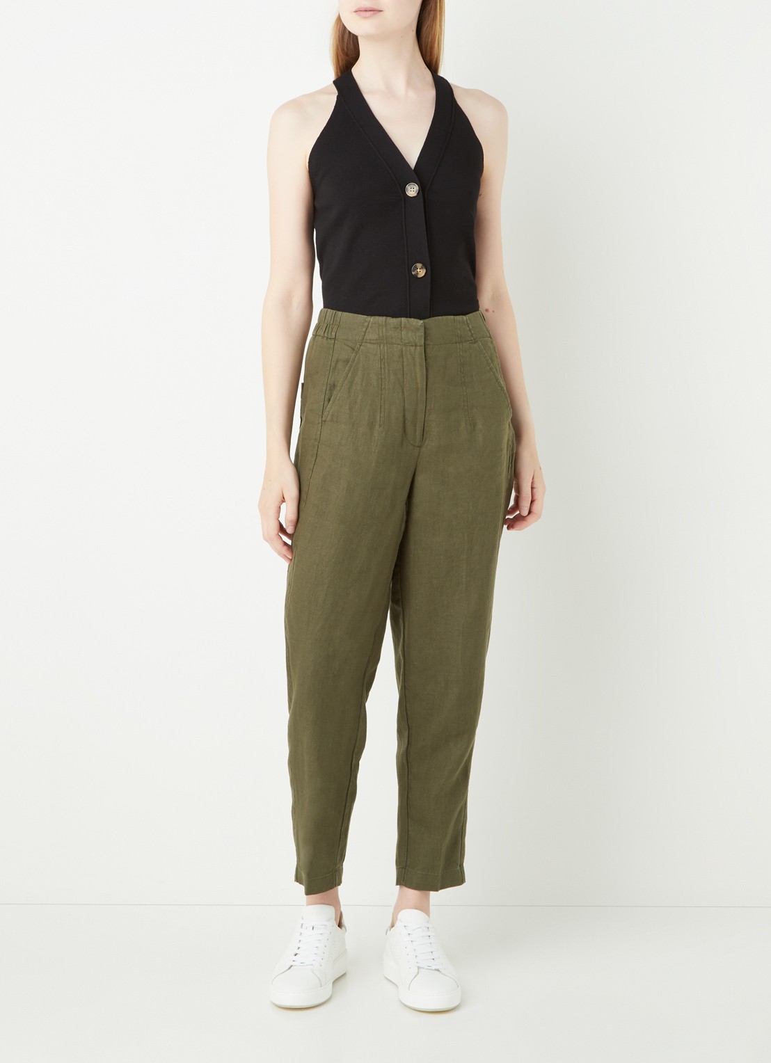 Whistles High waist tapered fit pantalon van linnen  - voorkant 3 legergroen