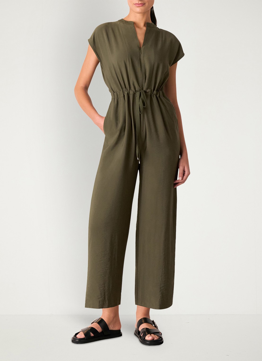 Whistles Hollie loose fit jumpsuit met ceintuur - voorkant 3 khaki