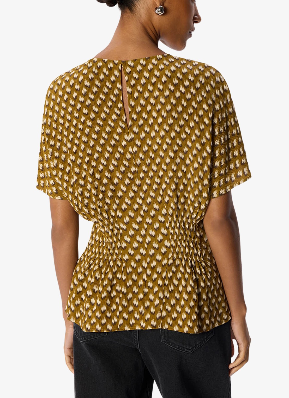 Whistles Ikat top met smockwerk en print - achterkant 6 bronsgroen