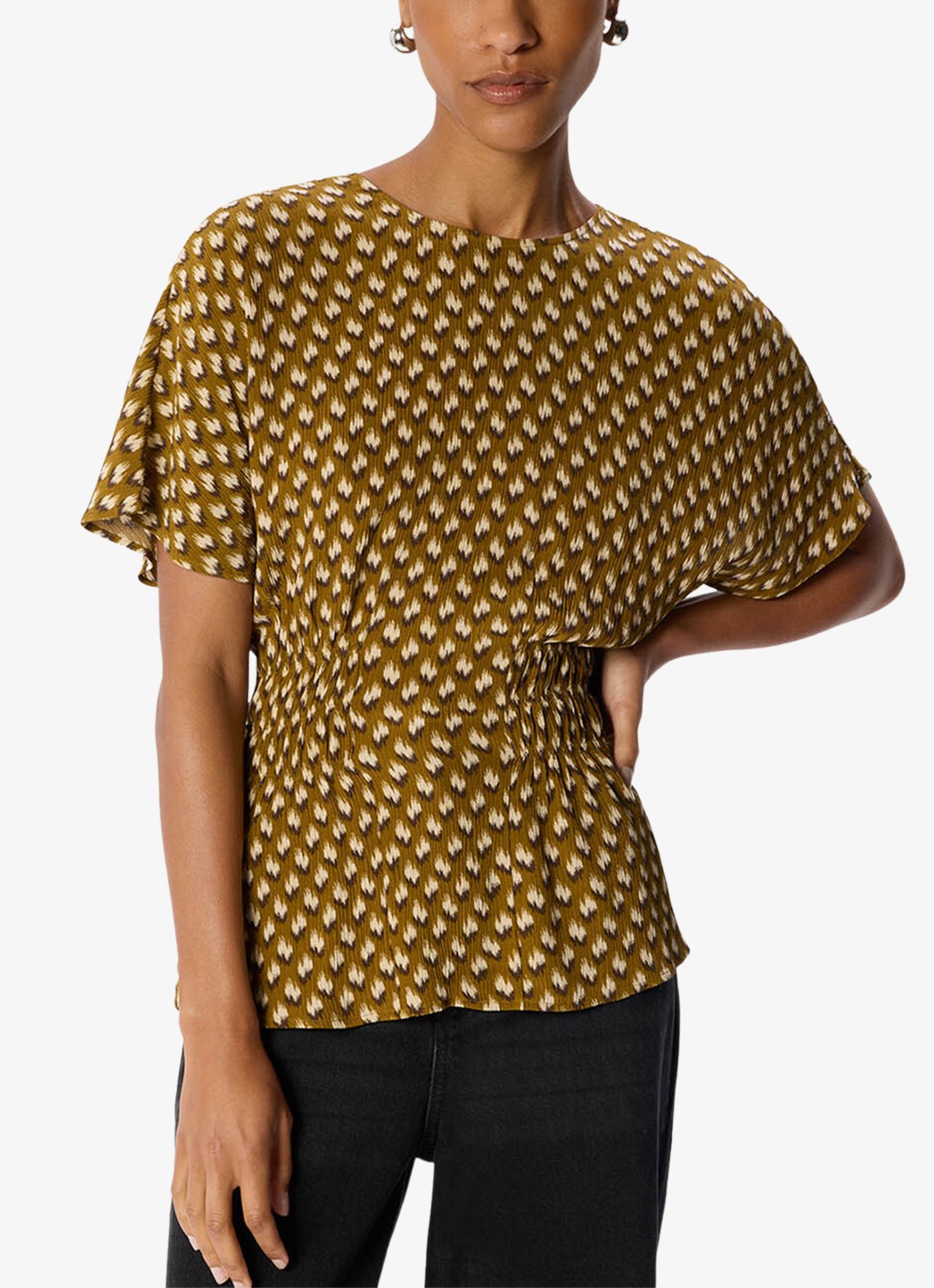 Whistles Ikat top met smockwerk en print - detail bronsgroen