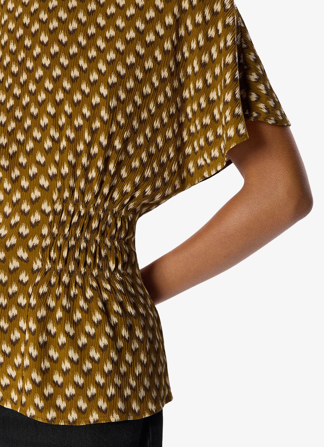 Whistles Ikat top met smockwerk en print - detail 2 bronsgroen