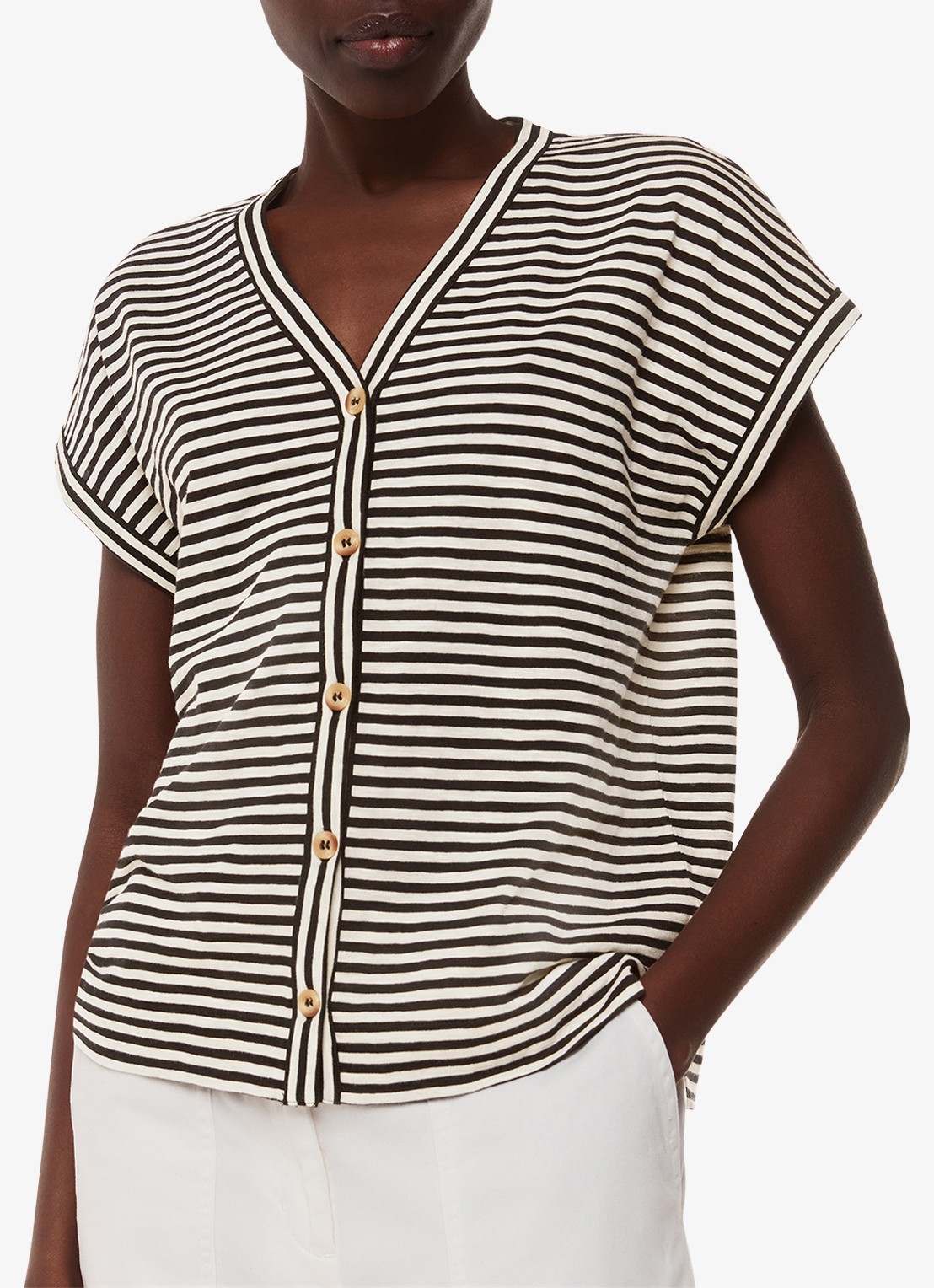 Whistles Jilly top met streepprint en V-hals - detail zwart