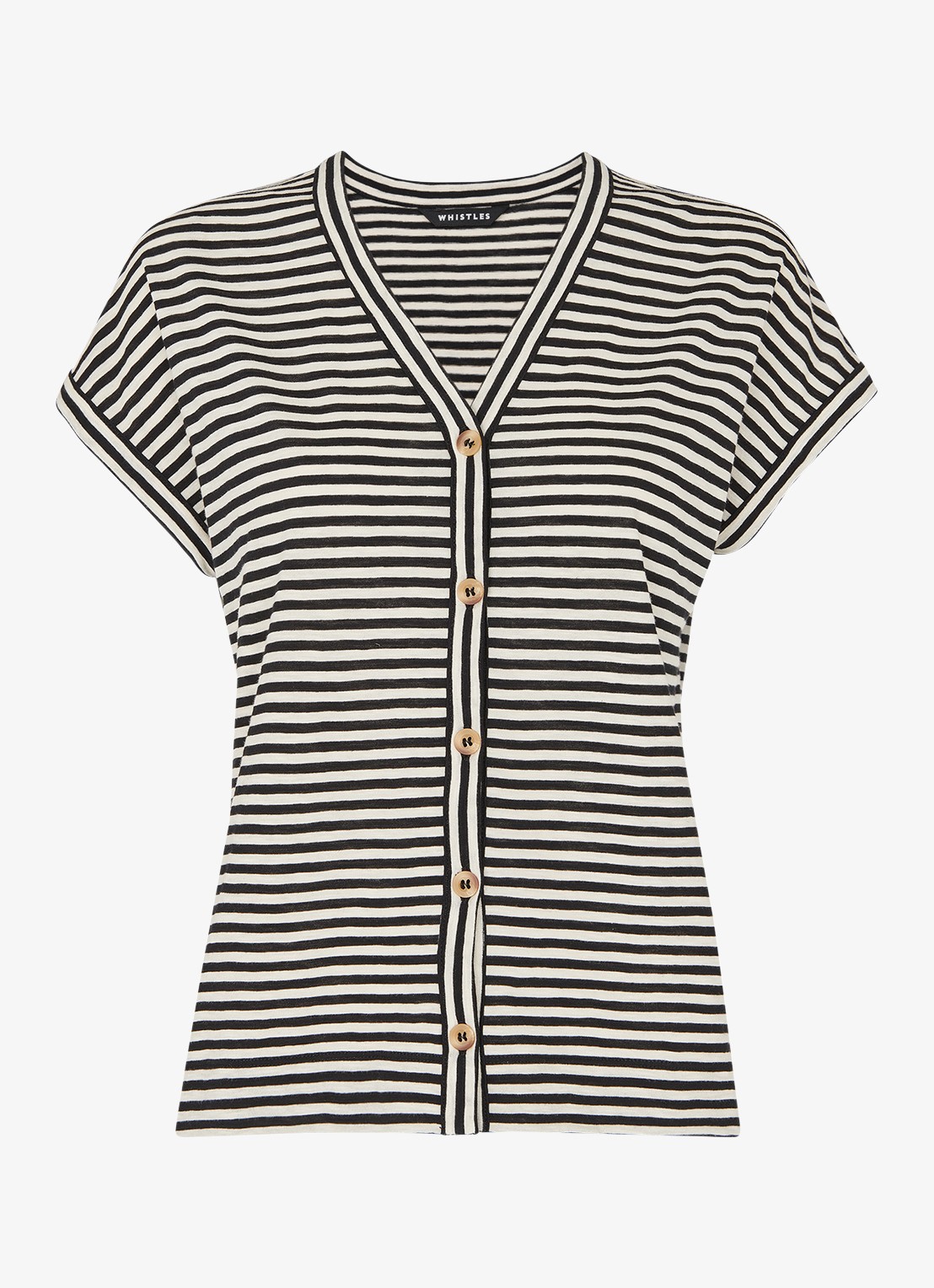 Whistles Jilly top met streepprint en V-hals - voorkant 3 zwart