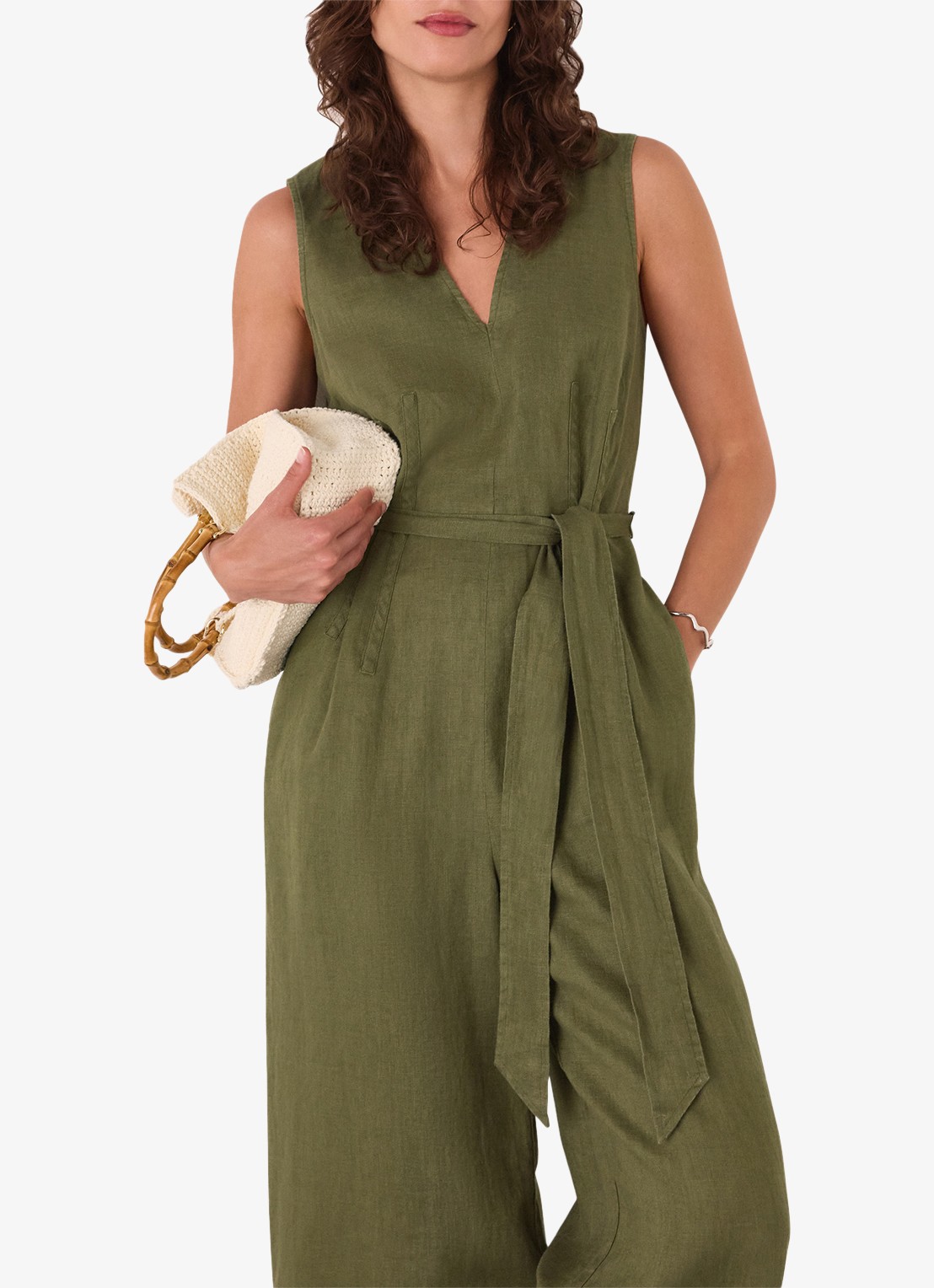 Whistles Jumpsuit van linnen met strikceintuur - detail 4 khaki