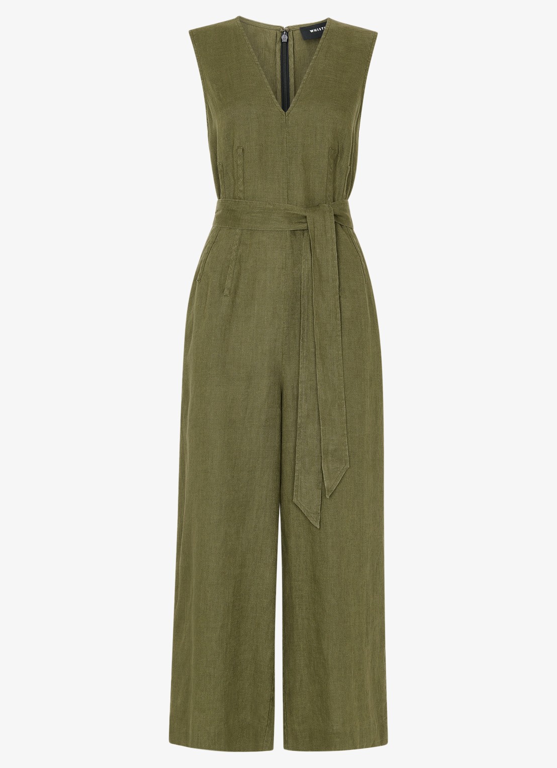 Whistles Jumpsuit van linnen met strikceintuur - voorkant 2 khaki