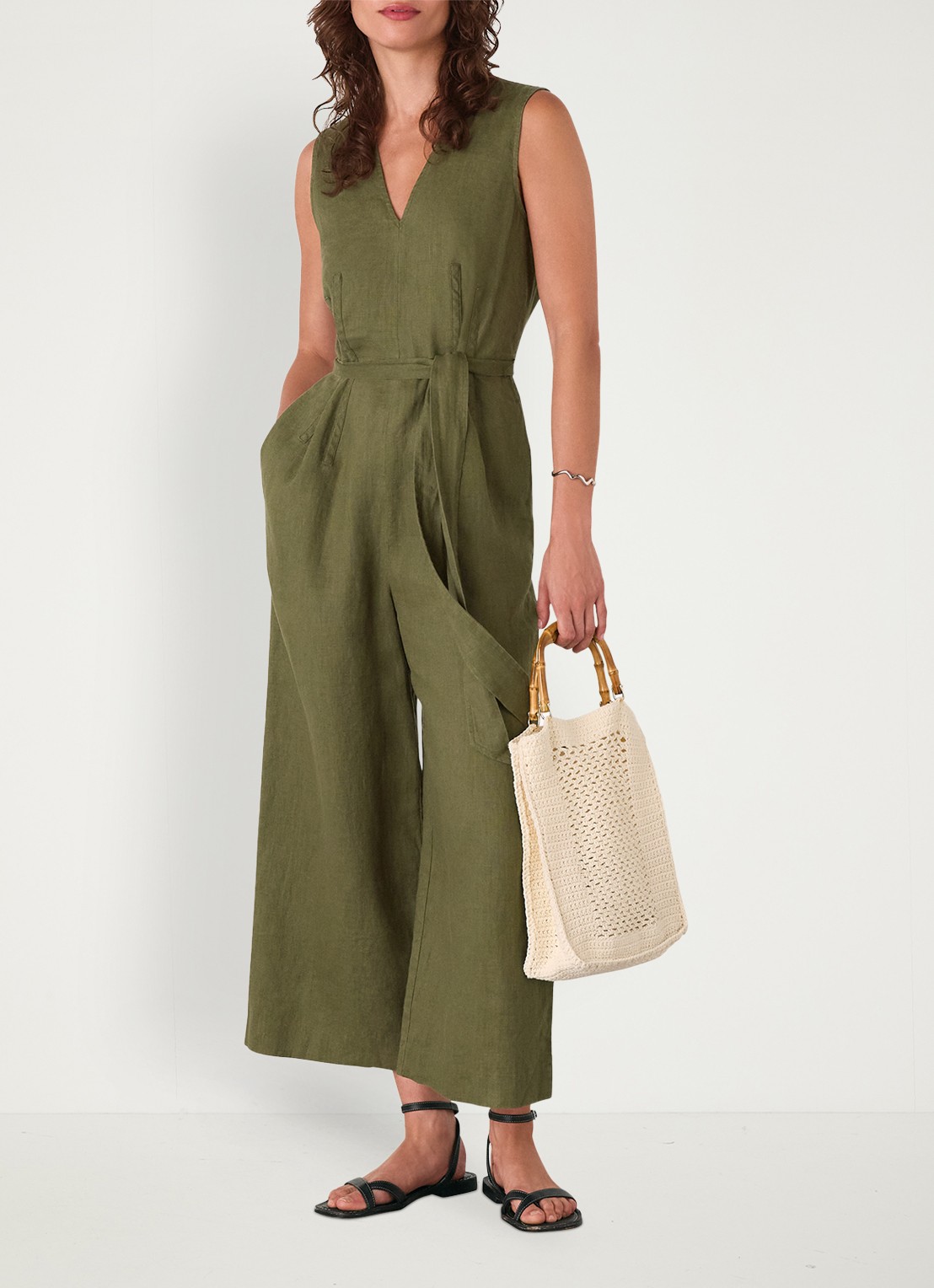 Whistles Jumpsuit van linnen met strikceintuur - voorkant 3 khaki
