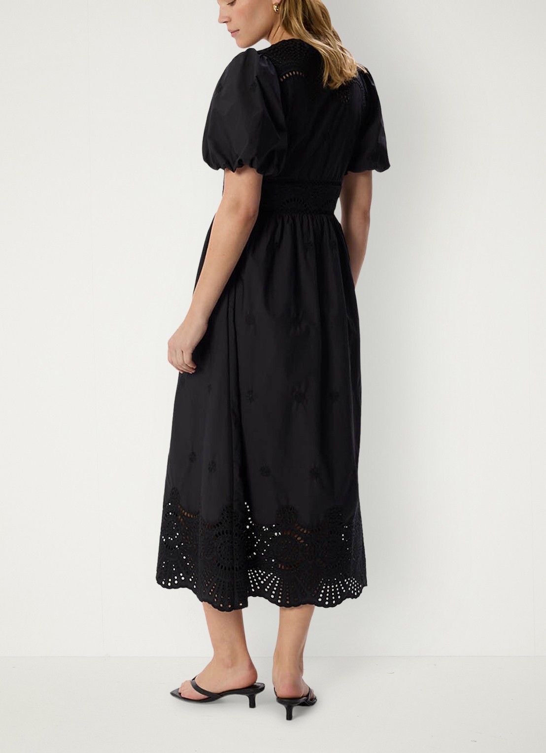Whistles Midi blousejurk met broderie en pofmouw - achterkant 5 zwart