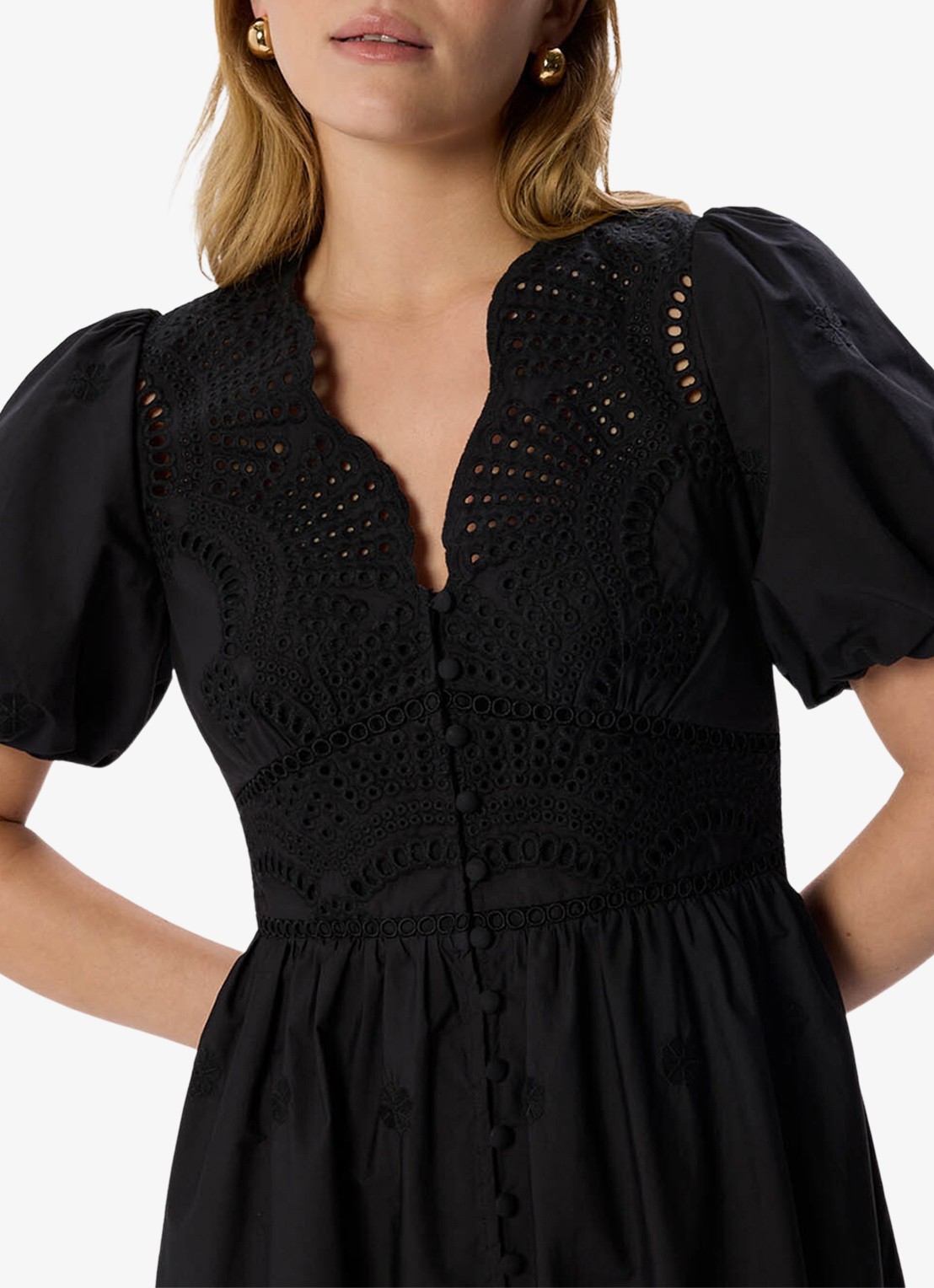 Whistles Midi blousejurk met broderie en pofmouw - detail zwart