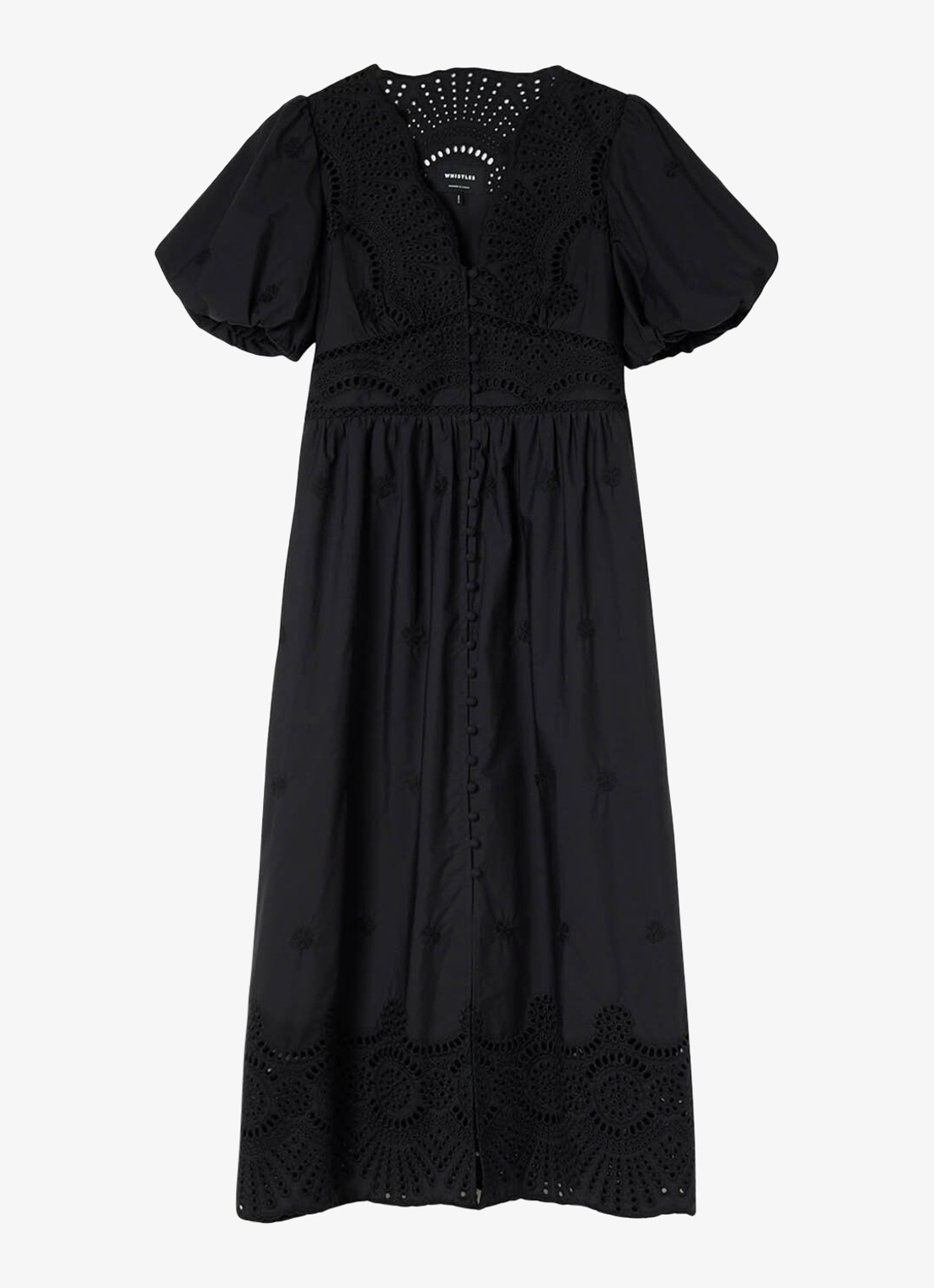 Whistles Midi blousejurk met broderie en pofmouw - voorkant 3 zwart