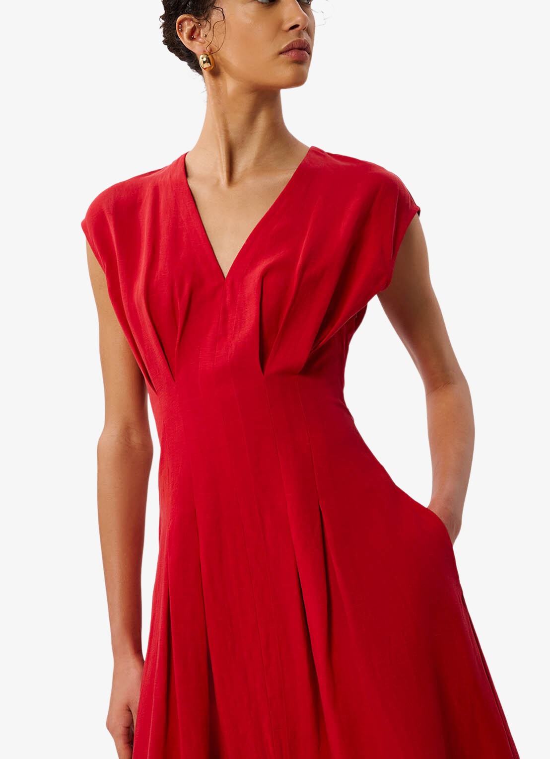 Whistles Midi jurk in linnenblend met plooien - detail steenrood