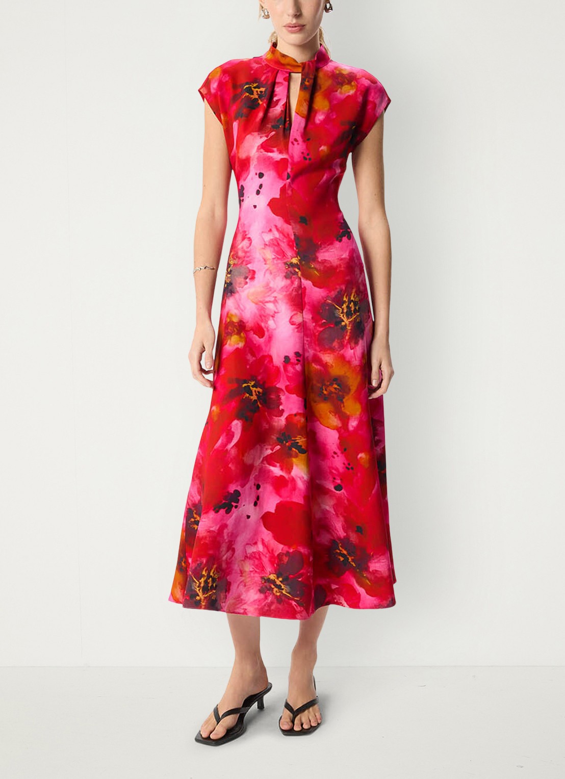Whistles Midi jurk met bloemenprint - voorkant 2 donkerroze