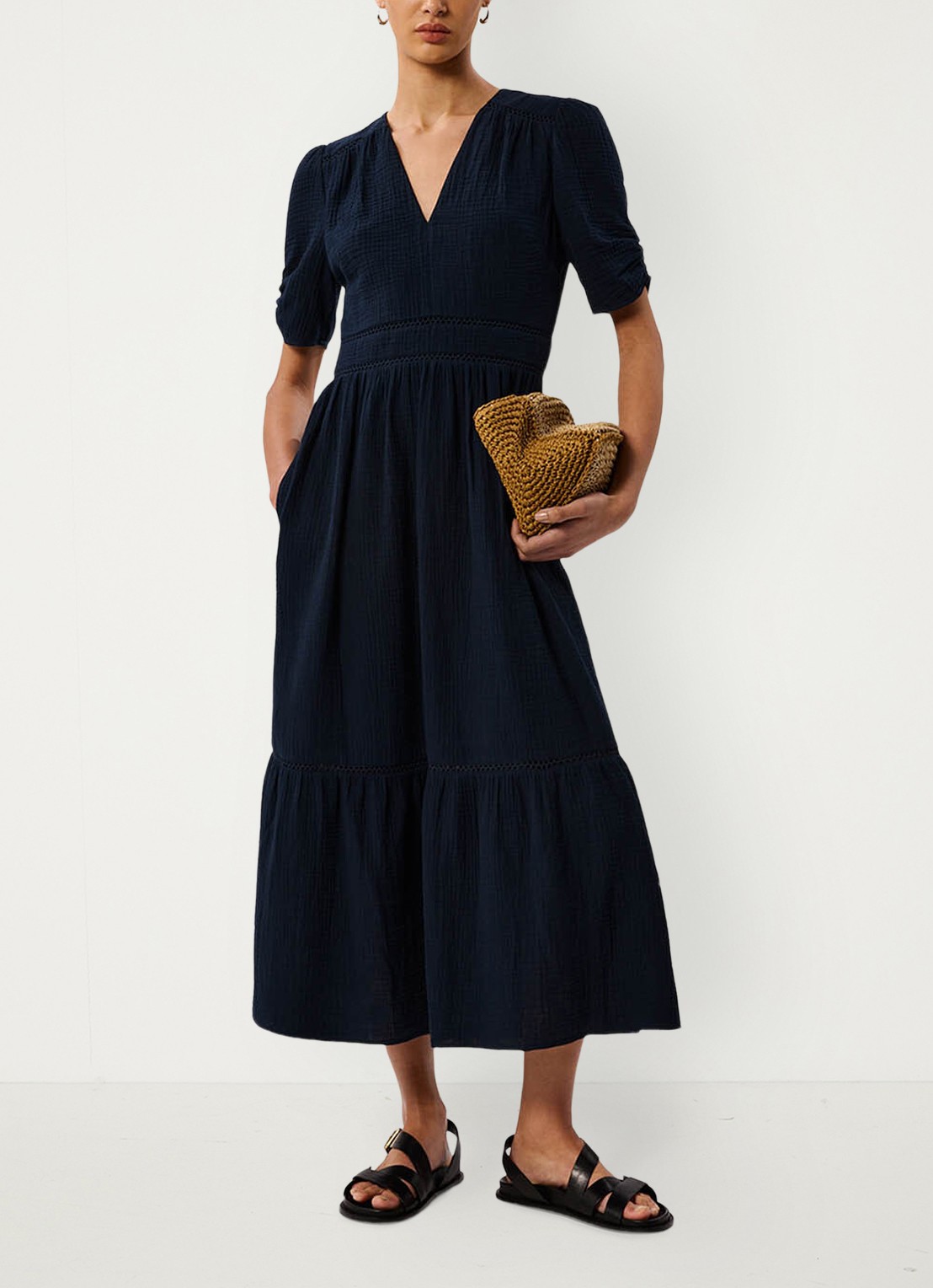 Whistles Midi jurk met plooien en steekzakken - voorkant 6 donkerblauw