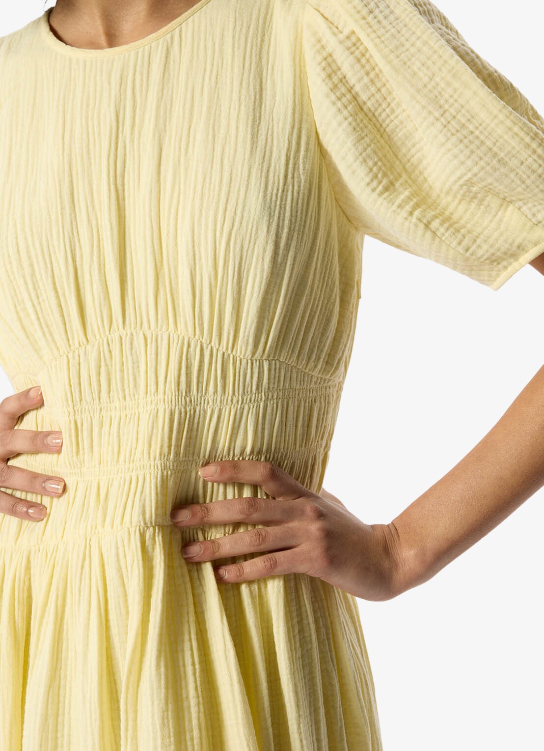 Whistles Midi jurk met structuur en pofmouw - detail 4 geel