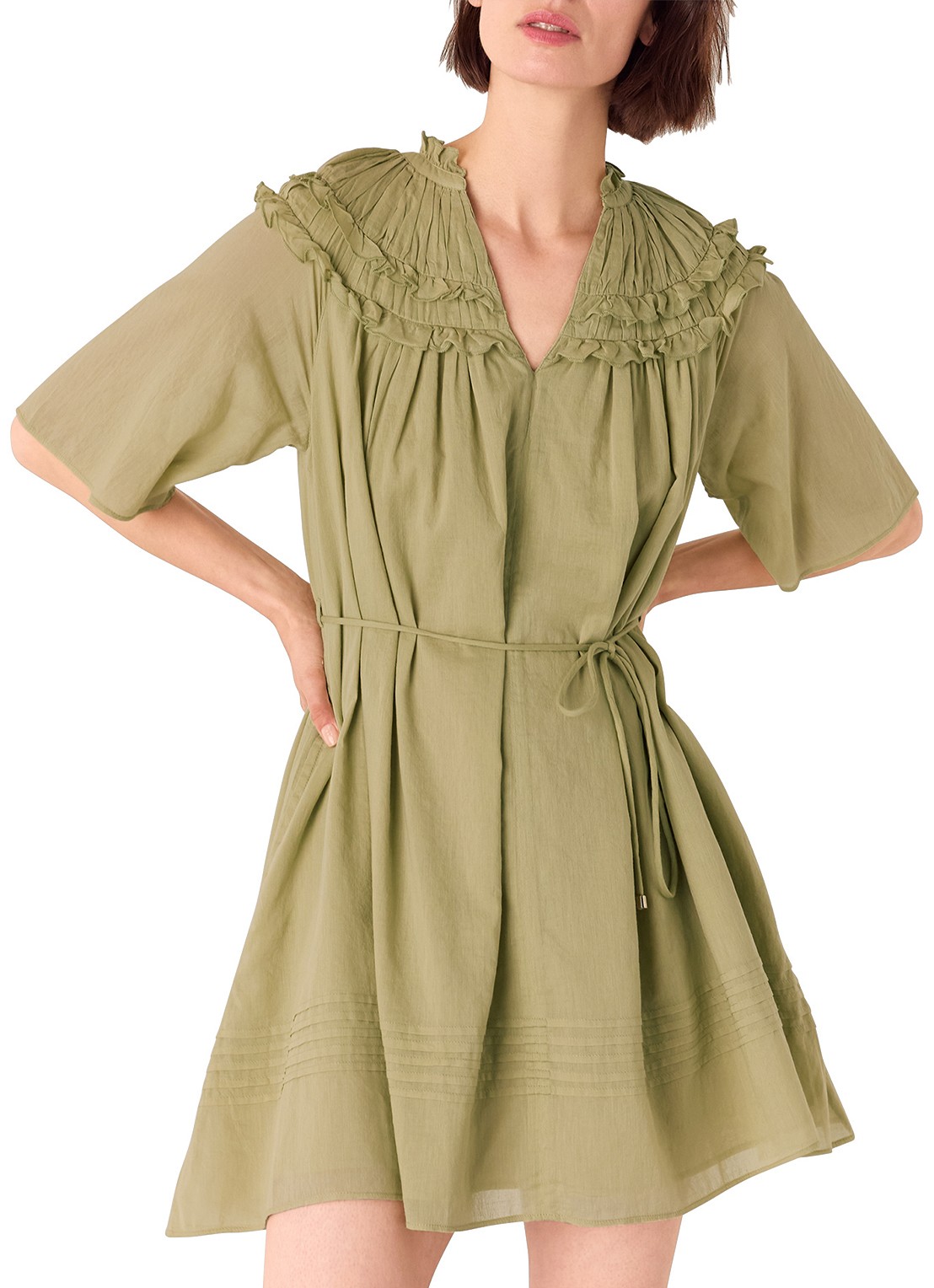 Whistles Mini tuniekjurk met smockwerk en ruches - detail 3 khaki