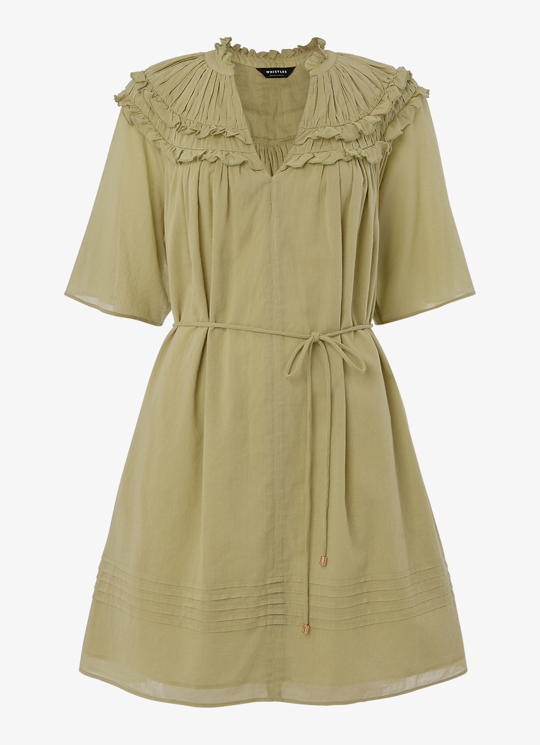 Whistles Mini tuniekjurk met smockwerk en ruches - voorkant khaki