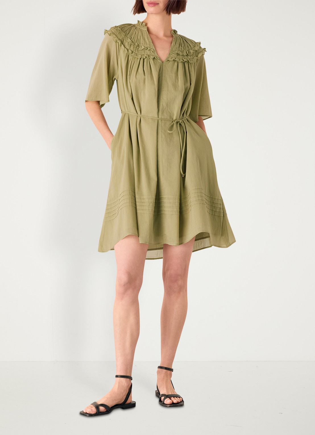 Whistles Mini tuniekjurk met smockwerk en ruches - voorkant 2 khaki
