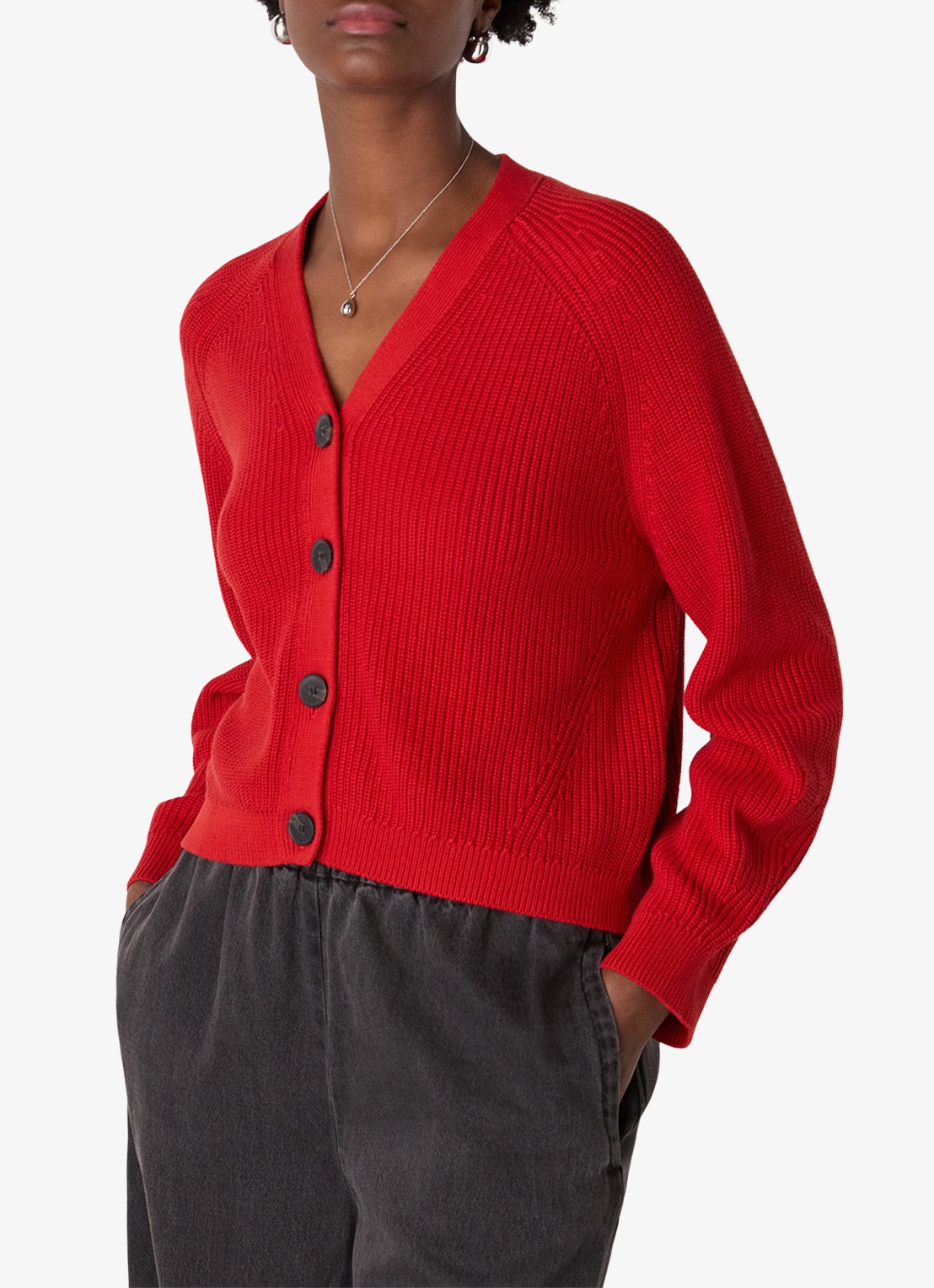 Whistles Ribgebreid vest met V-hals - detail steenrood