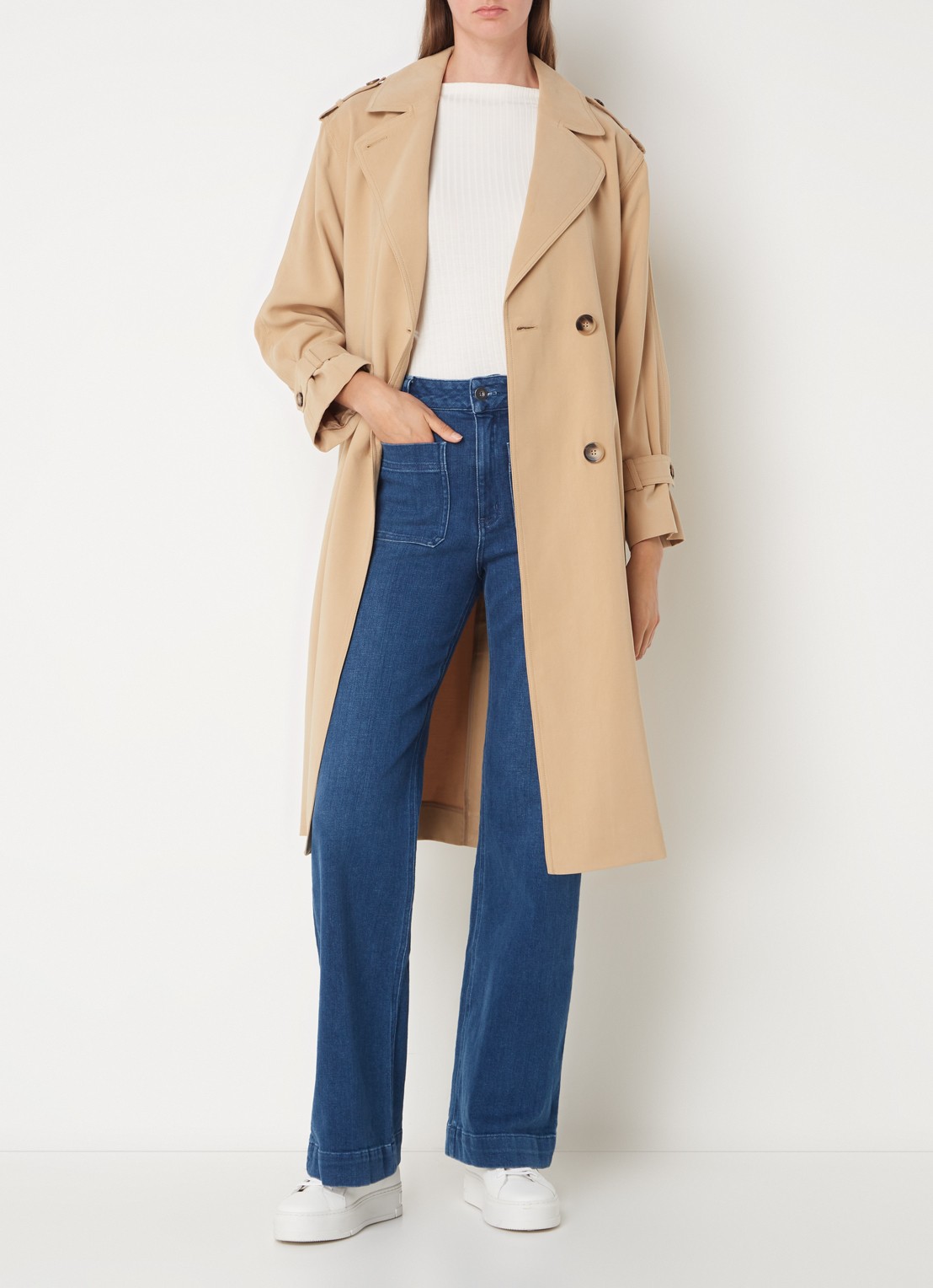 Whistles Riley double-breasted trenchcoat met ceintuur - voorkant 3 beige