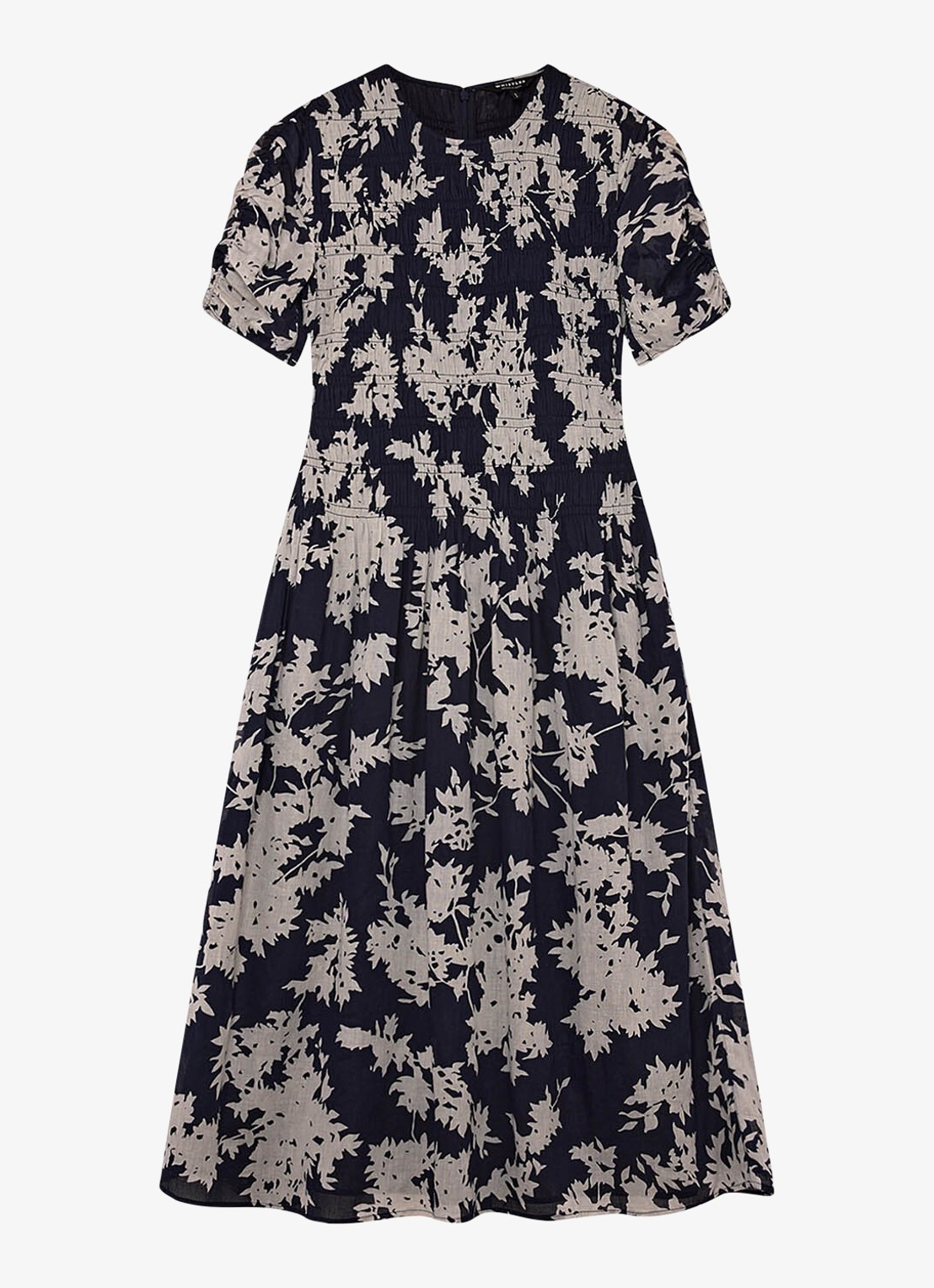 Whistles Shadow Floral midi jurk met bloemenprint en smockwerk - voorkant ivoor