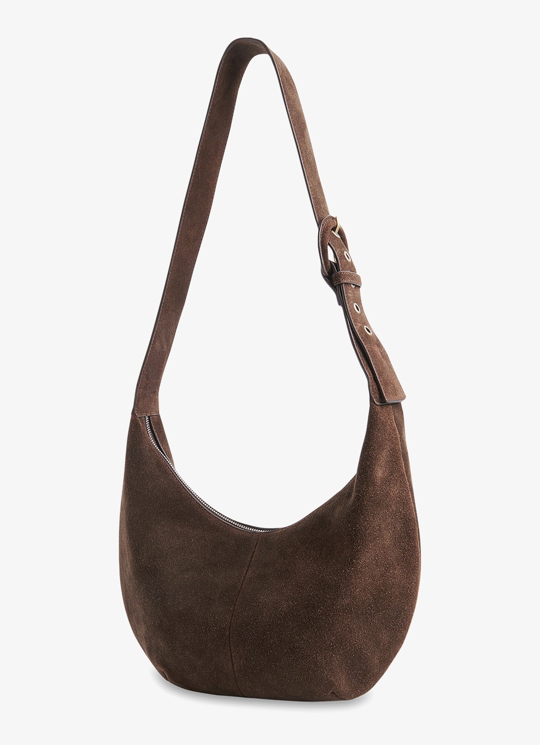 Whistles Sia crossbodytas van suède met verstelbare schouderriem  - detail donkerbruin