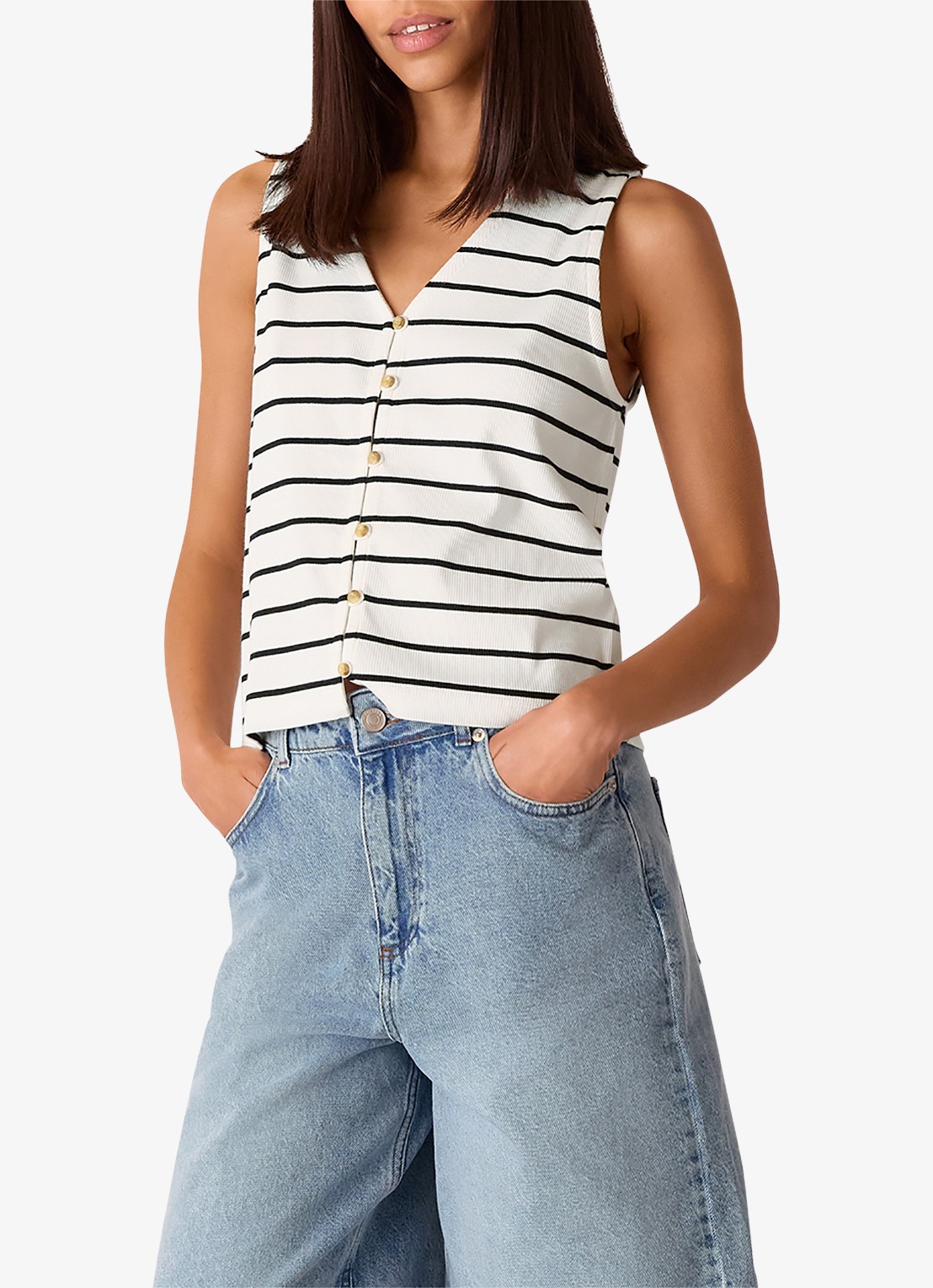 Whistles Top met streepprint en ribstructuur - voorkant 4 wit