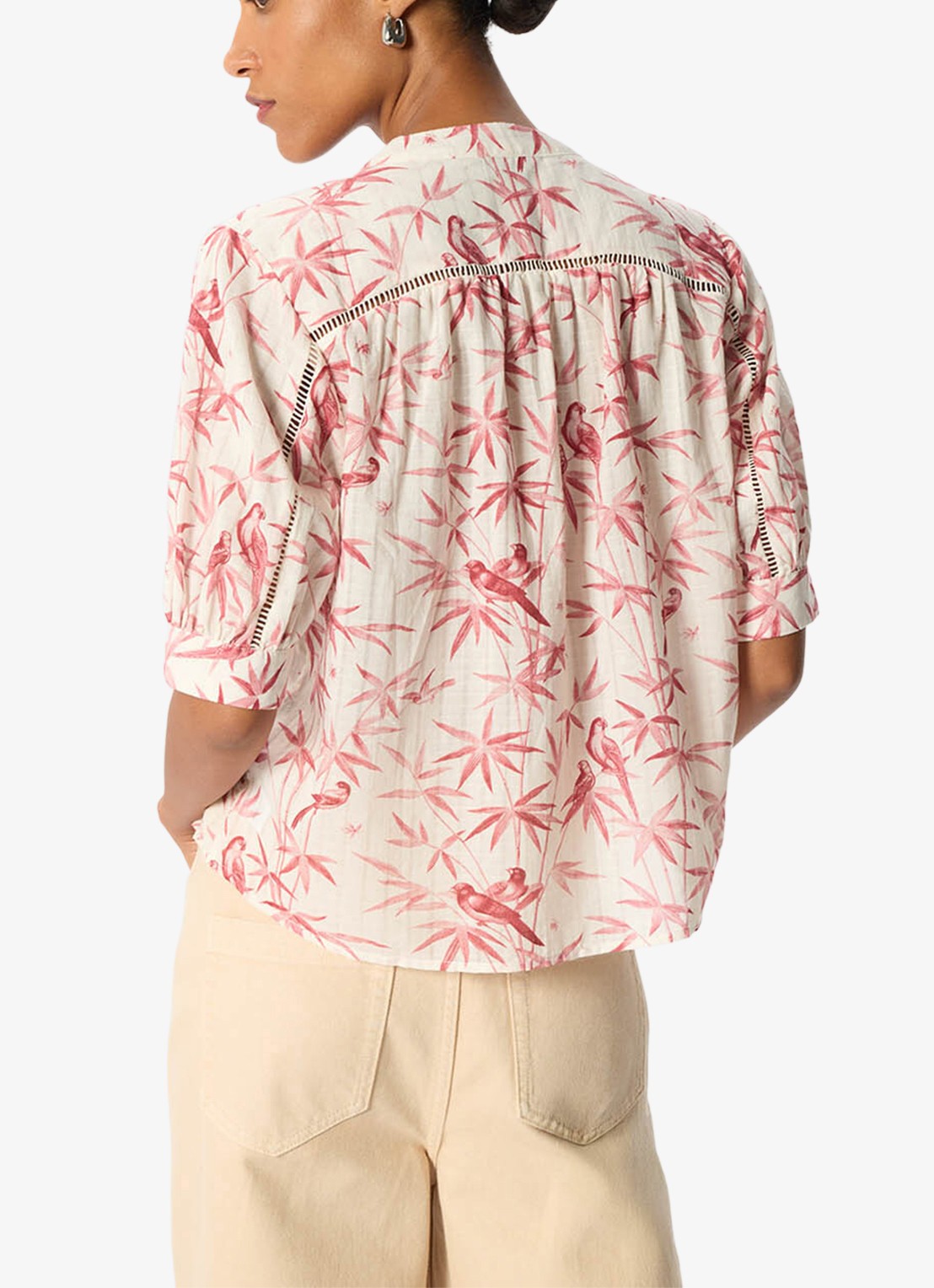 Whistles Tropical Print blouse met opengewerkt detail - achterkant donkerroze