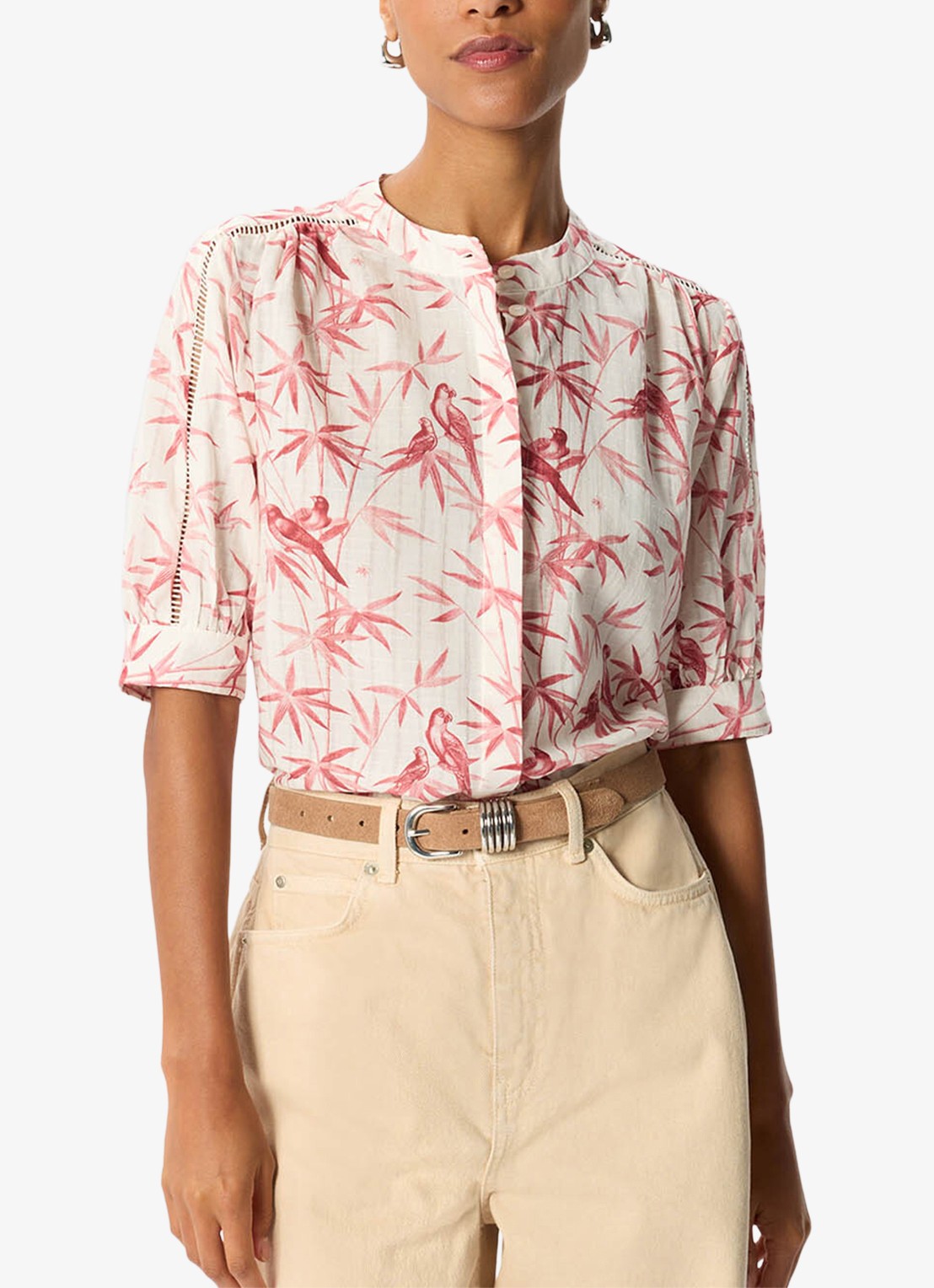 Whistles Tropical Print blouse met opengewerkt detail - detail 4 donkerroze