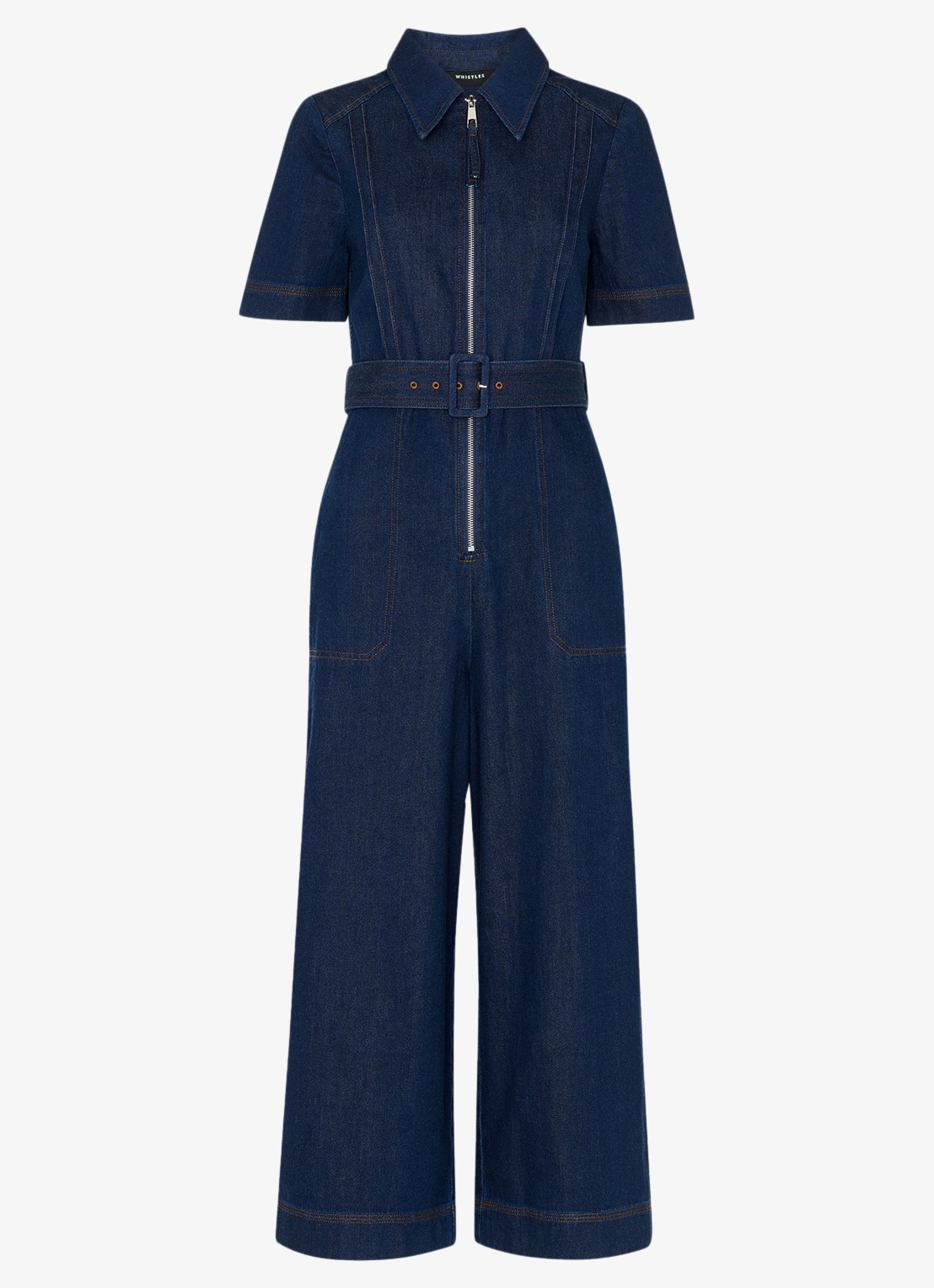 Whistles Wide fit cropped jumpsuit van denim - voorkant indigo