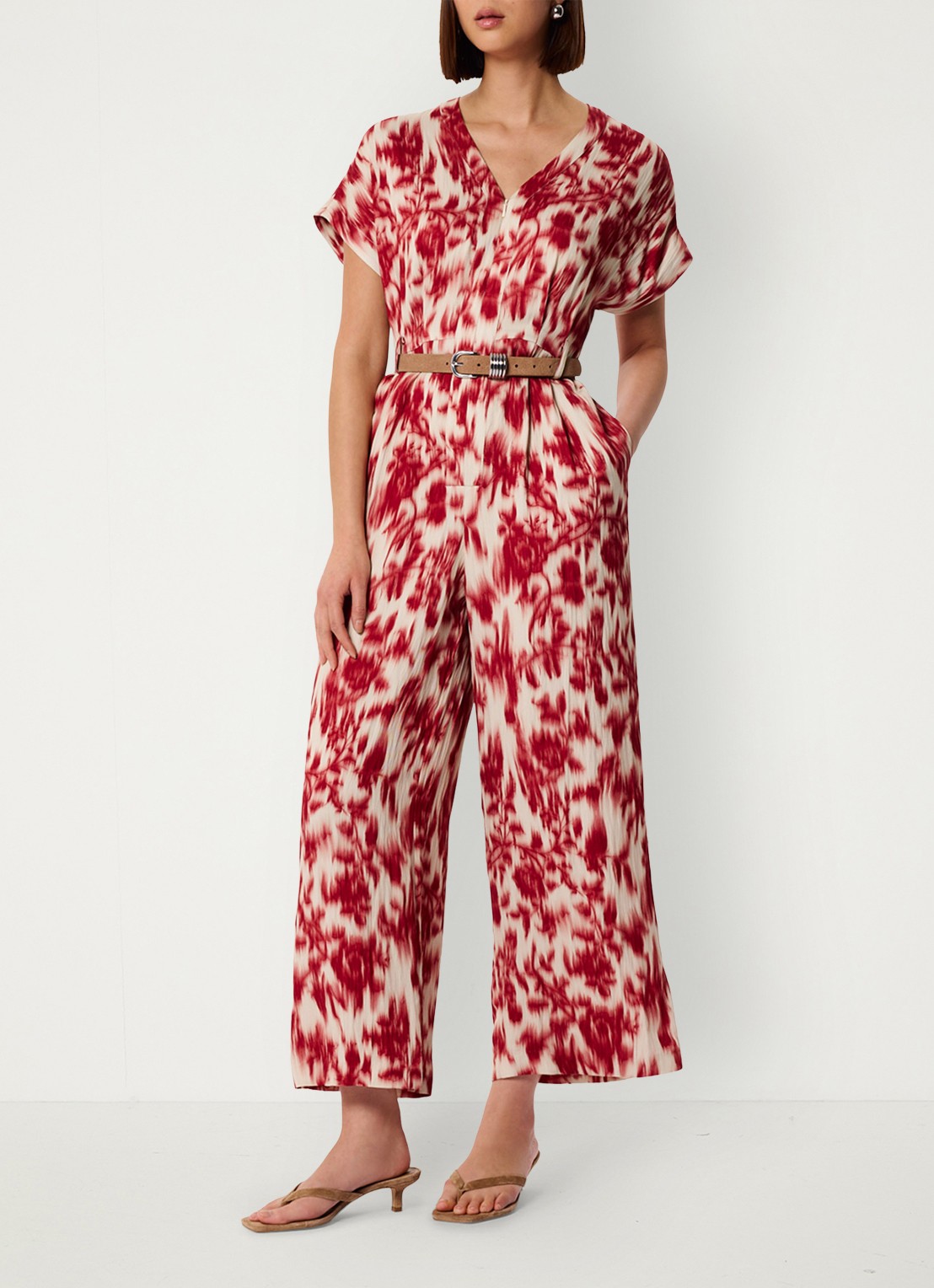 Whistles Wide fit jumpsuit met print en strikceintuur - voorkant 3 rood