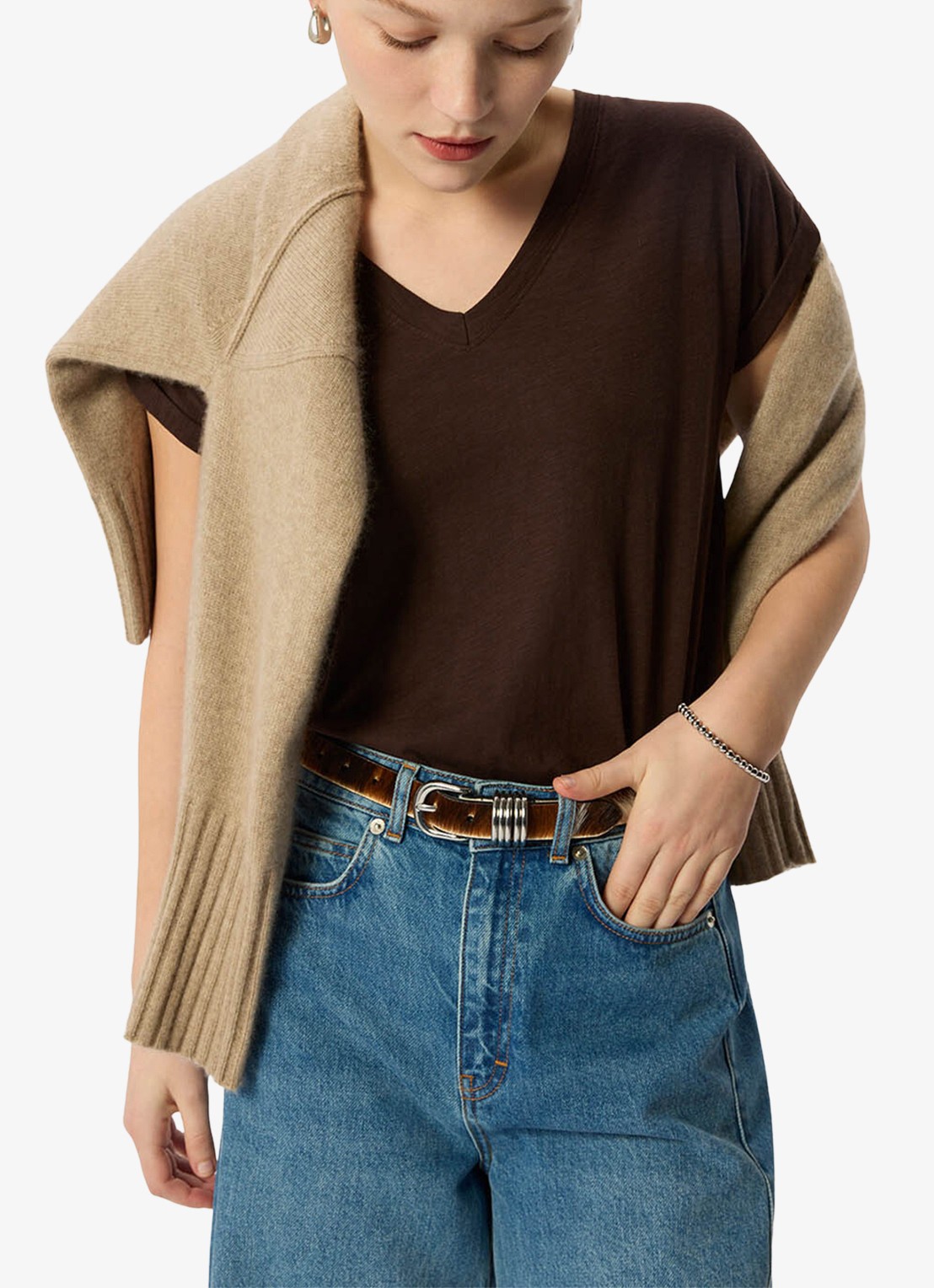 Whistles Willa T-shirt met V-hals - detail donkerbruin