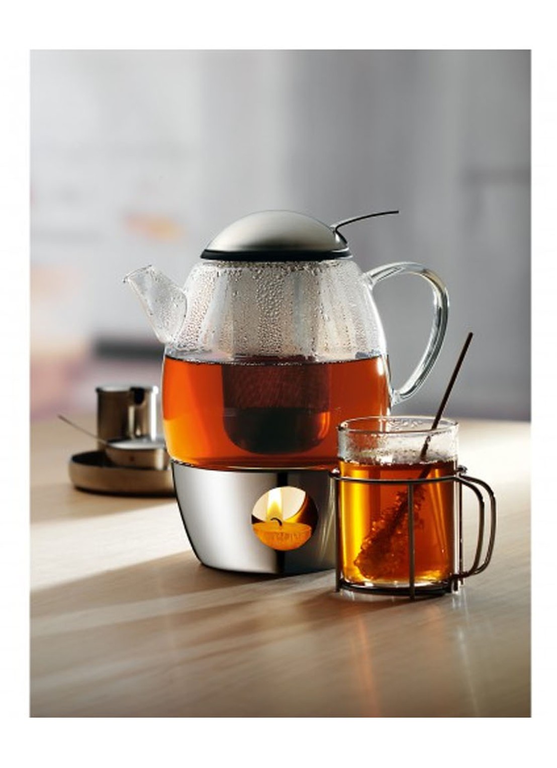 WMF SmarTea theepot met rechaud en zeef 1 liter - voorkant transparant